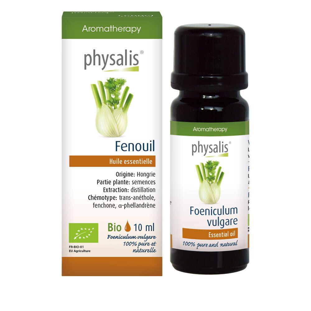 Physalis® Fenouil Huile Essentielle Bio. Flacon et emballage. Inscriptions : Aromathérapie, Fenouil, 10 ml, Bio.