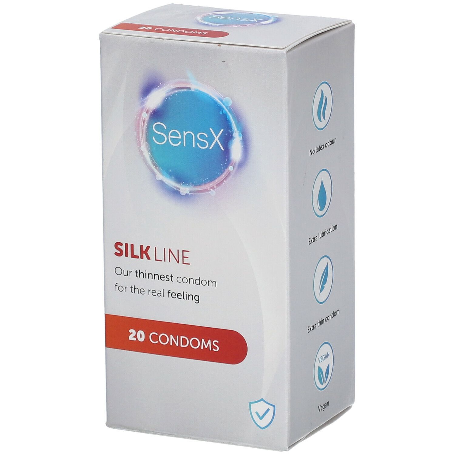 Doosje SensX Silk Line condooms. 20 stuks. Geurloos, extra smering, extra dun, vegan.