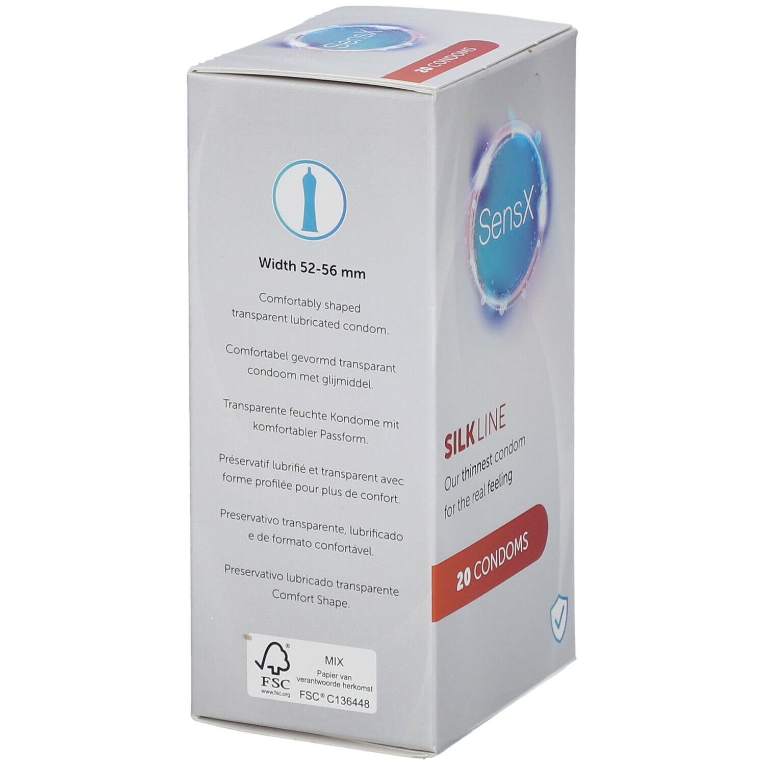 Verpakking SensX Silk Line condooms. Breedte 52-56 mm. Comfortabel gevormd, transparant, gesmeerd.