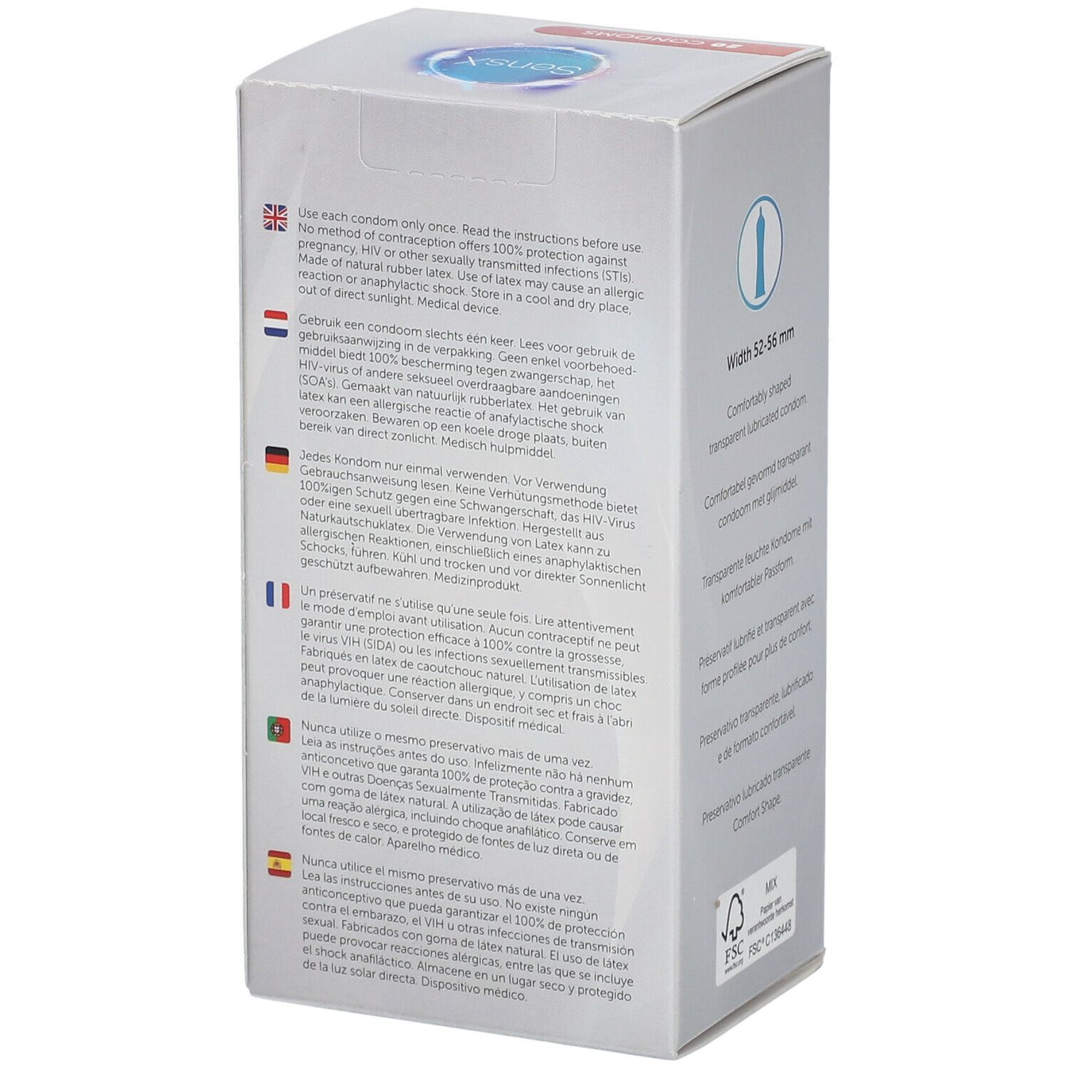 Verpakking SensX Silk Line condooms. Breedte 52-56 mm. Gebruiksaanwijzing in meerdere talen.