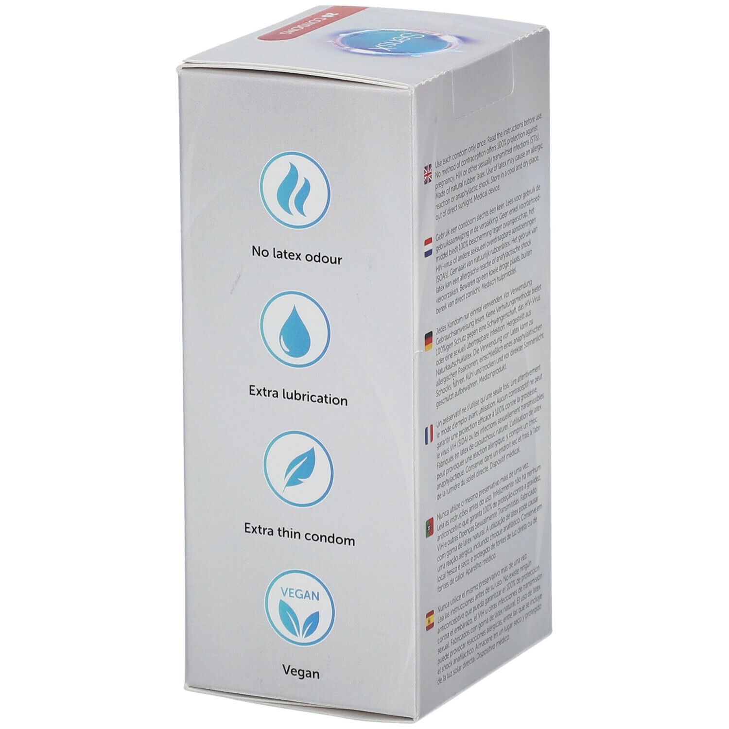 Verpakking SensX Silk Line condooms. Geurloos, extra smering, extra dun, vegan.