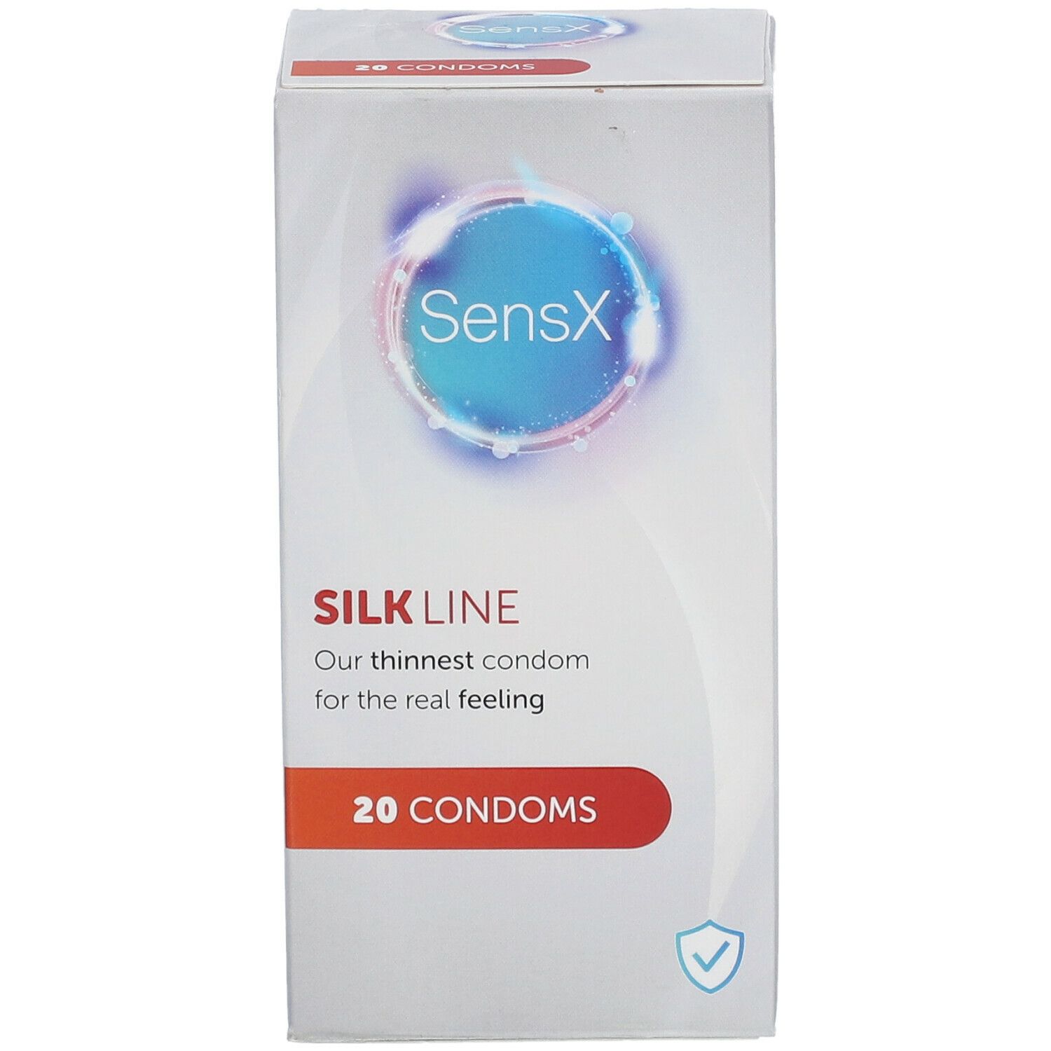 Doosje SensX Silk Line condooms. 20 stuks. Tekst: Onze dunste condoom voor het echte gevoel.
