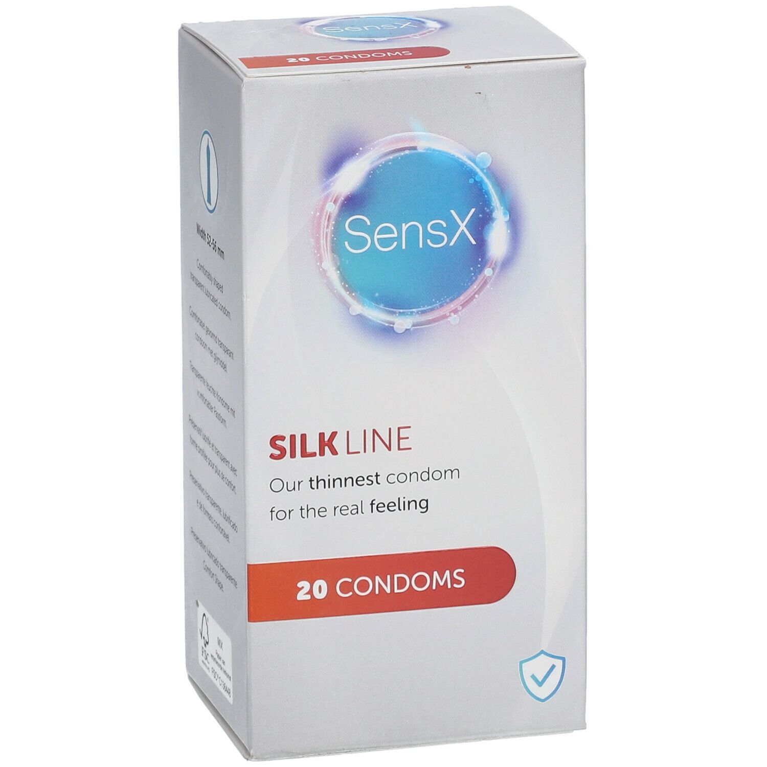 Verpakking SensX Silk Line condooms. 20 stuks. Tekst: Onze dunste condoom voor het echte gevoel.