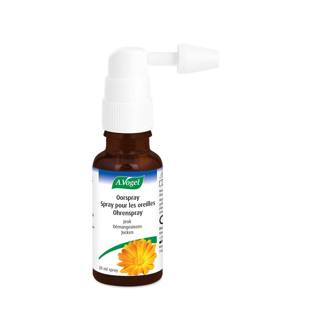 Bruine fles met verstuiver. A.Vogel Oorspray. Opschrift: Spray pour les oreilles, Jeuk, Ohrenspray.