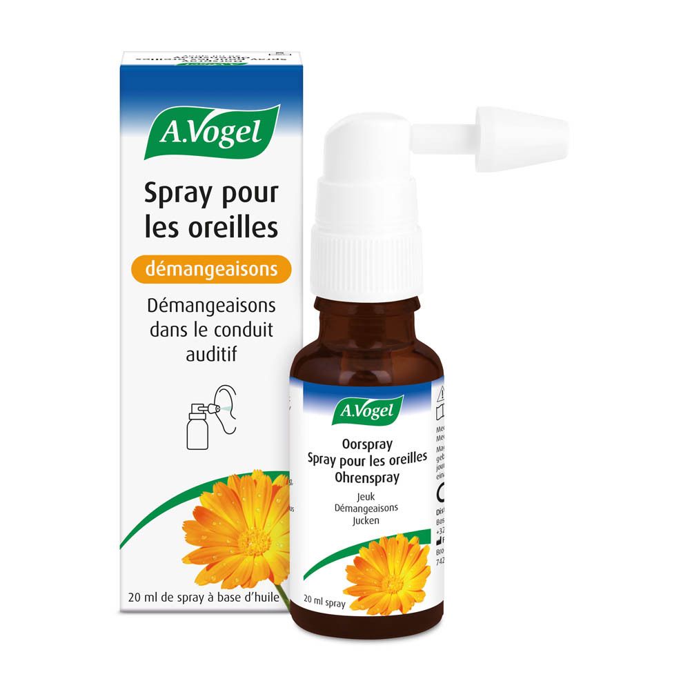 Emballage et flacon. A.Vogel Spray pour les oreilles. Inscription: Spray pour les oreilles, Jeuk, Ohrenspray.