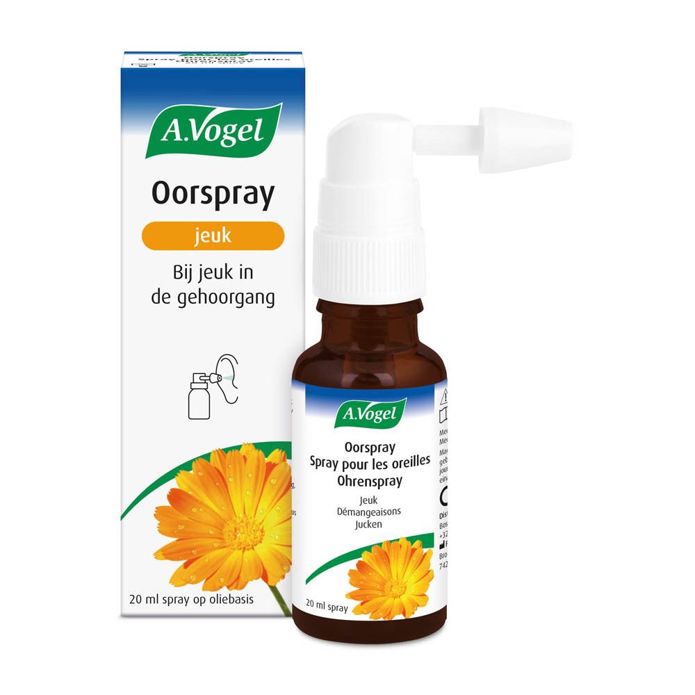 Verpakking en fles. A.Vogel Oorspray. Opschrift: Oorspray, Jeuk, Bij jeuk in de gehoorgang.