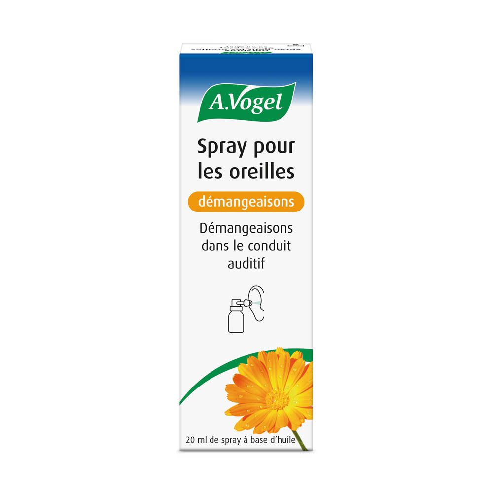 Emballage du produit. A.Vogel Spray pour les oreilles. Inscription: Spray pour les oreilles, Jeuk, Ohrenspray.