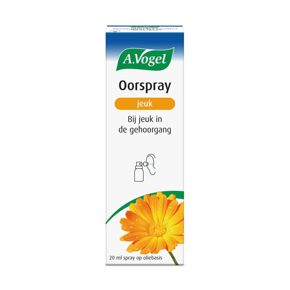Productverpakking. A.Vogel Oorspray. Opschrift: Oorspray, Jeuk, Bij jeuk in de gehoorgang.