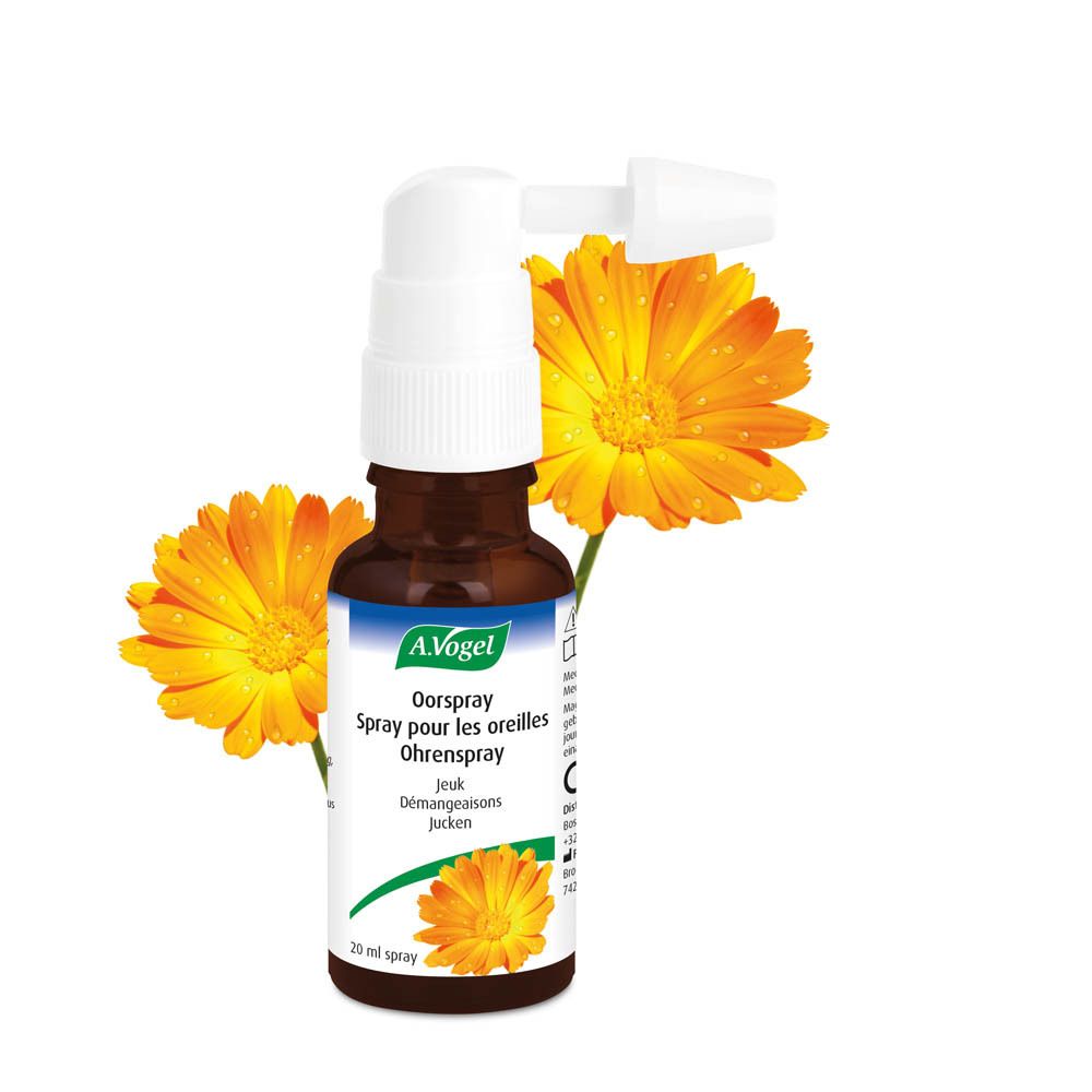 Bruine fles met verstuiver en bloemen. A.Vogel Oorspray. Opschrift: Spray pour les oreilles, Jeuk, Ohrenspray.