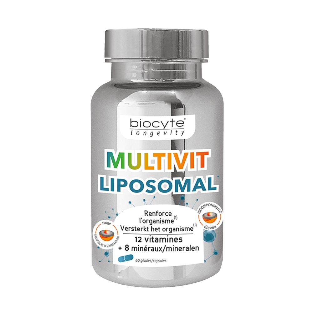 Flacon argenté avec couvercle argenté. Inscription: Biocyte Multivit Liposomal. Contient 12 vitamines et 8 minéraux.