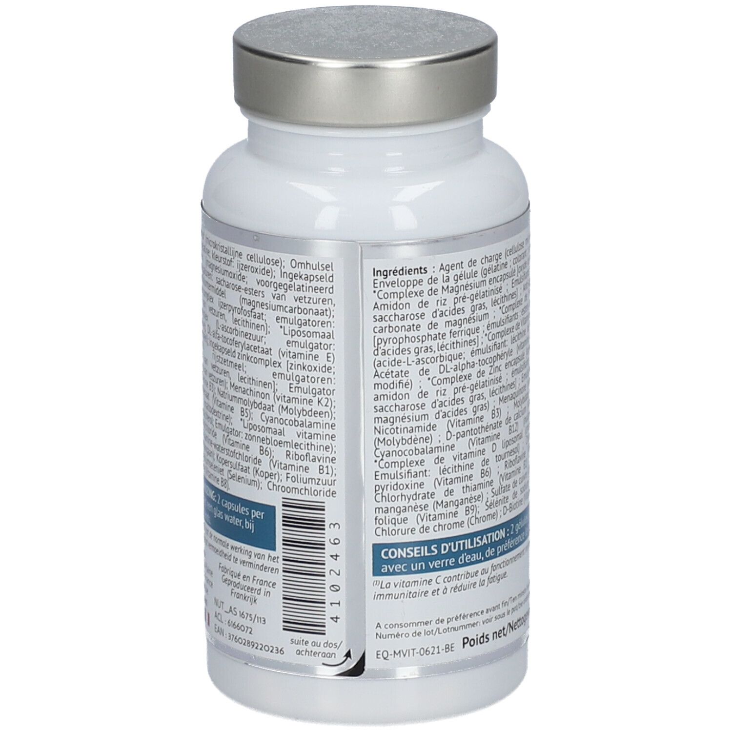 Dos du flacon blanc avec informations sur les ingrédients et instructions d'utilisation. Contient 60 gélules. Marque: Biocyte.