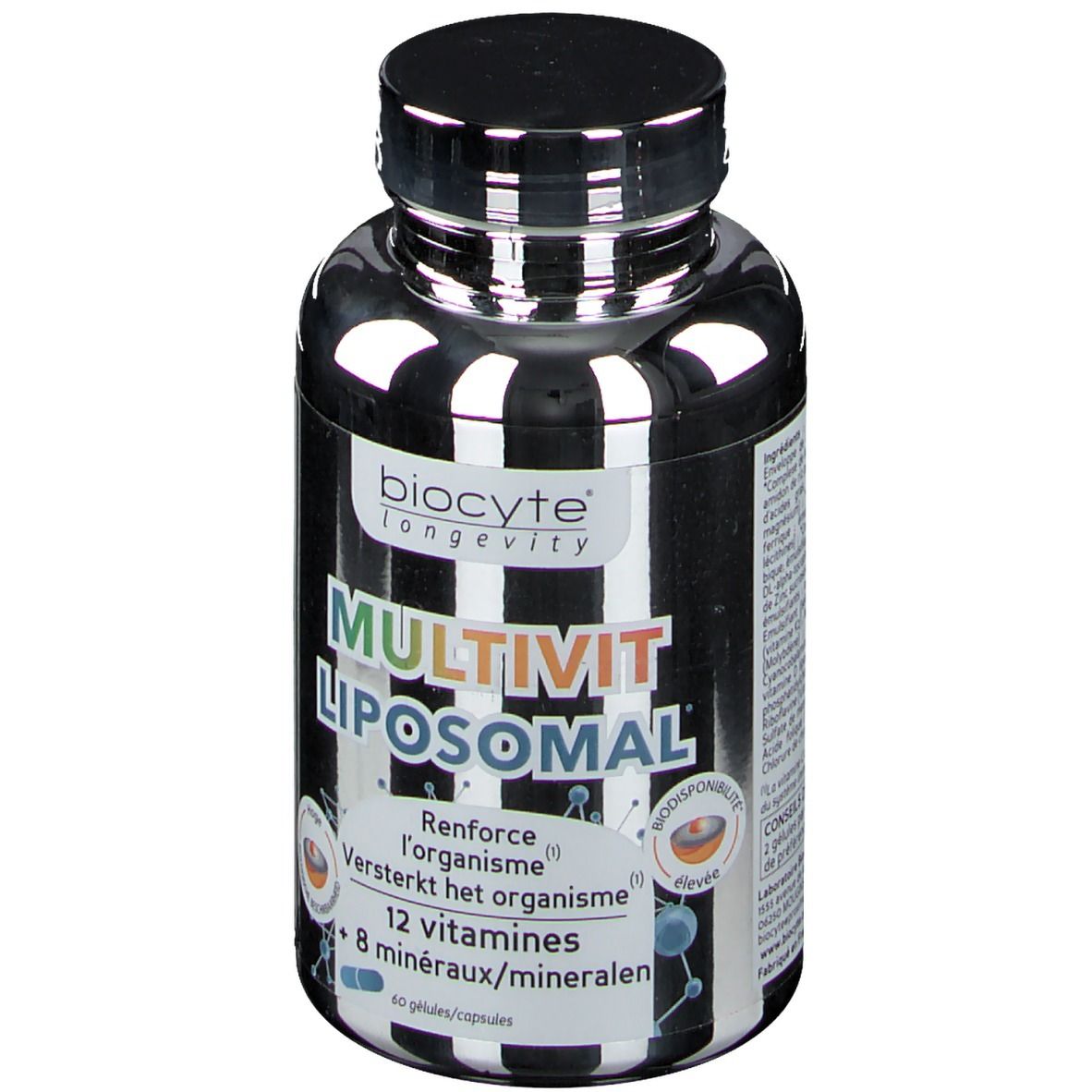 Flacon noir avec couvercle argenté. Inscription: Biocyte Multivit Liposomal. Contient 12 vitamines et 8 minéraux.