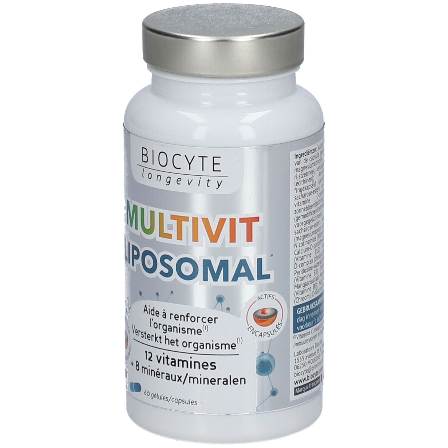 Flacon blanc avec couvercle argenté. Inscription: Biocyte Multivit Liposomal. Contient 12 vitamines et 8 minéraux.