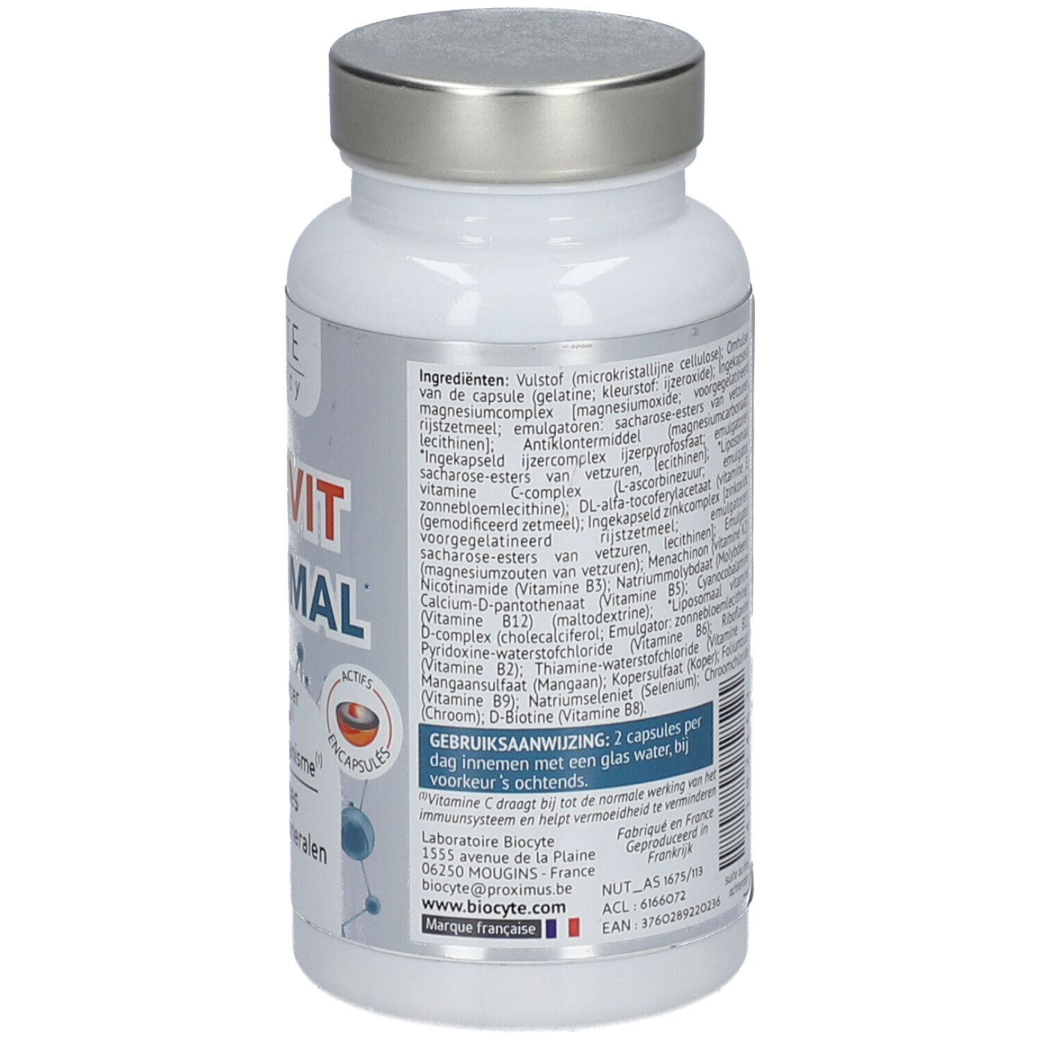Dos du flacon blanc avec informations sur les ingrédients et instructions d'utilisation. Contient 60 gélules. Marque: Biocyte.