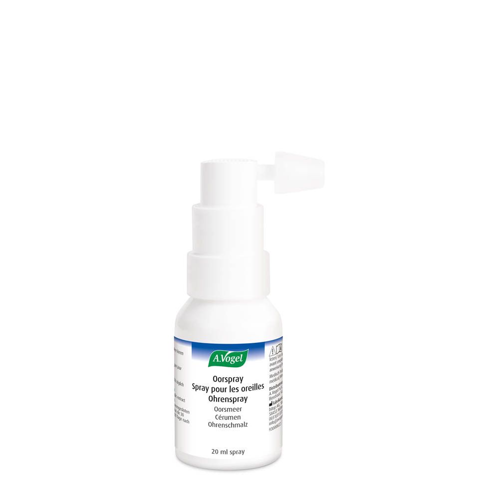 Witte sprayflacon met sproeikop. Opschrift: A.Vogel, Oorspray, 20 ml.