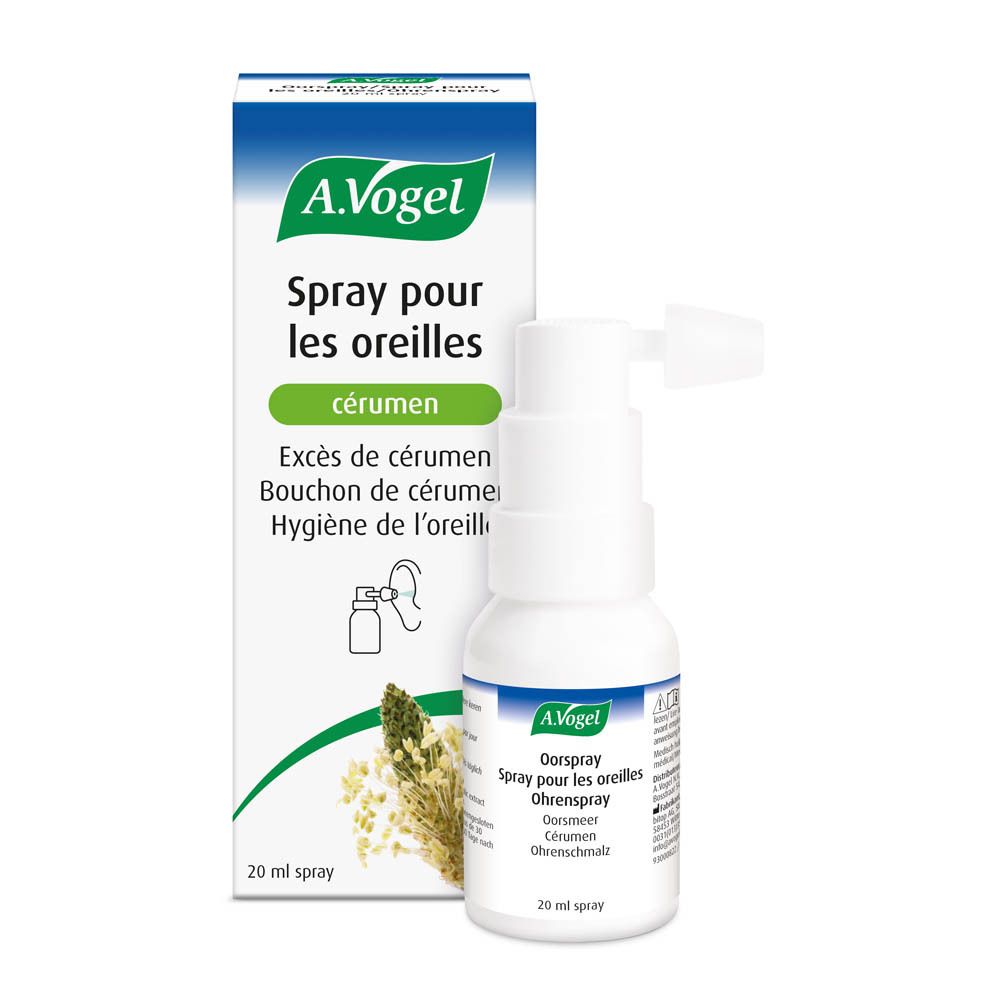 Flacon et emballage A.Vogel Spray pour les oreilles. Inscription: Spray pour les oreilles, cérumen.