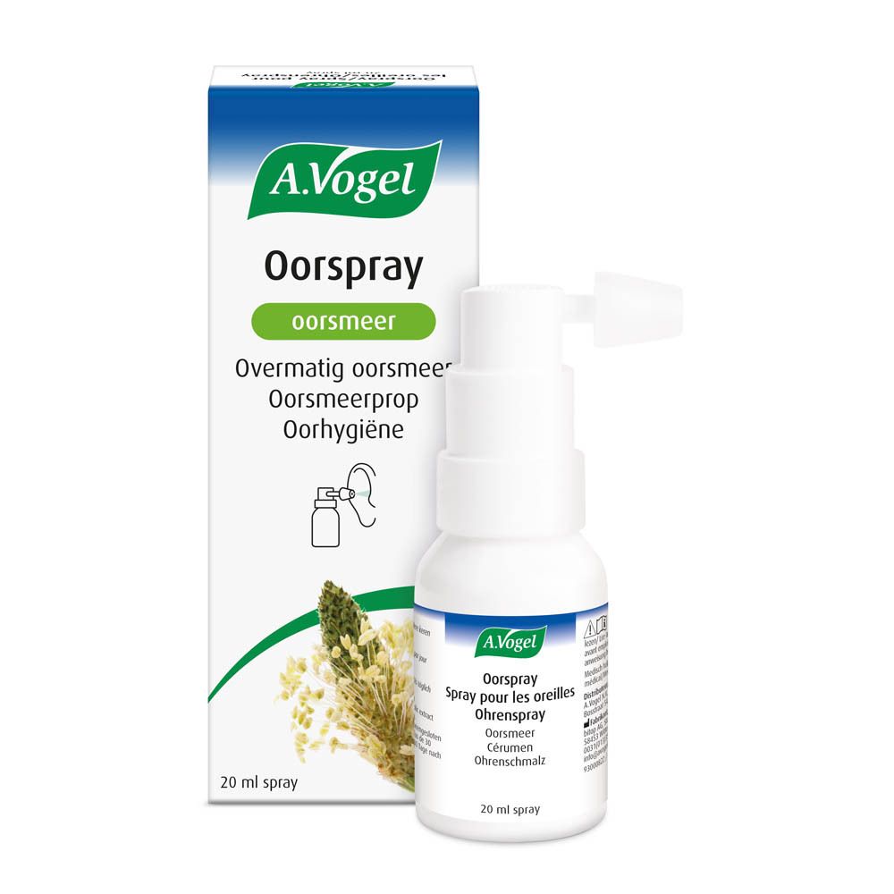 Product met verpakking. A.Vogel Oorspray, oorsmeer. Witte fles met sproeikop.