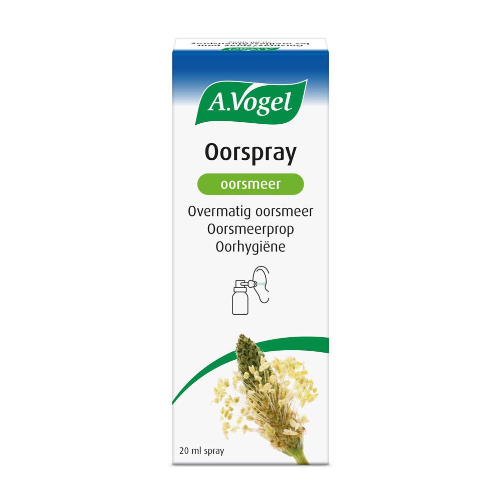 Verpakking van A.Vogel Oorspray, oorsmeer. Witte tekst op blauwe achtergrond. 20 ml.