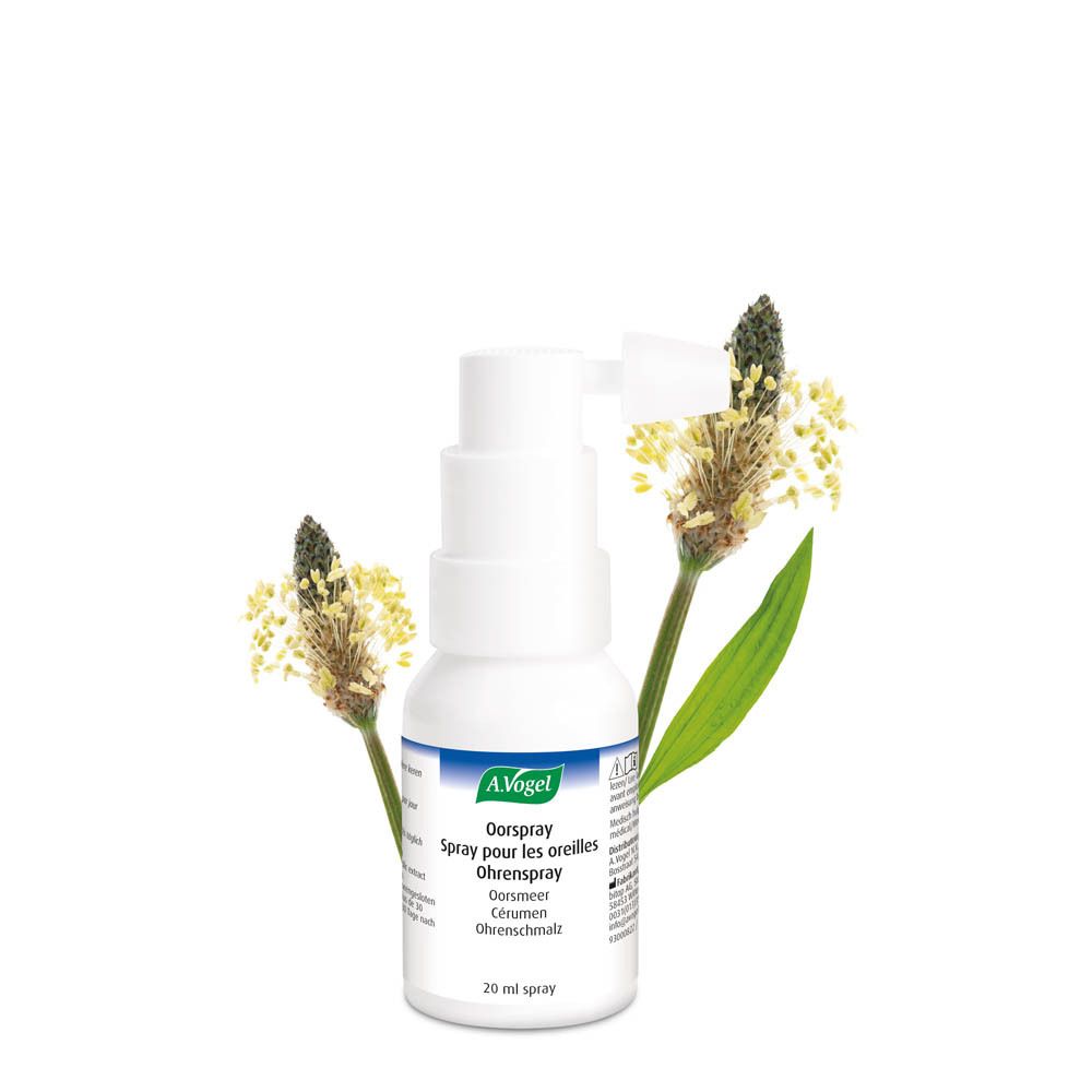 Witte sprayflacon met sproeikop. A.Vogel Oorspray. Met planten.