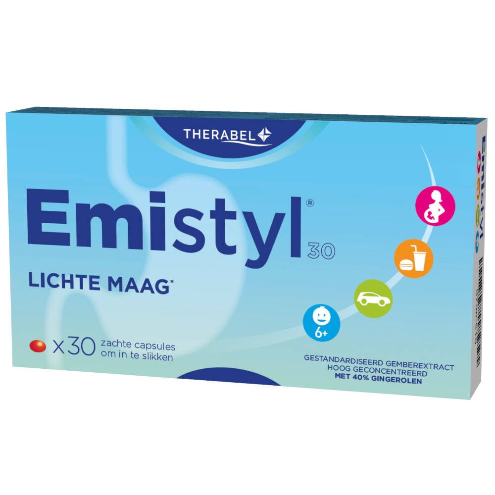 Boîte bleue et blanche 'Emistyl 30'. Texte : 'LICHTE MAAG', 'x30 zachte capsules om in te slikken'.
