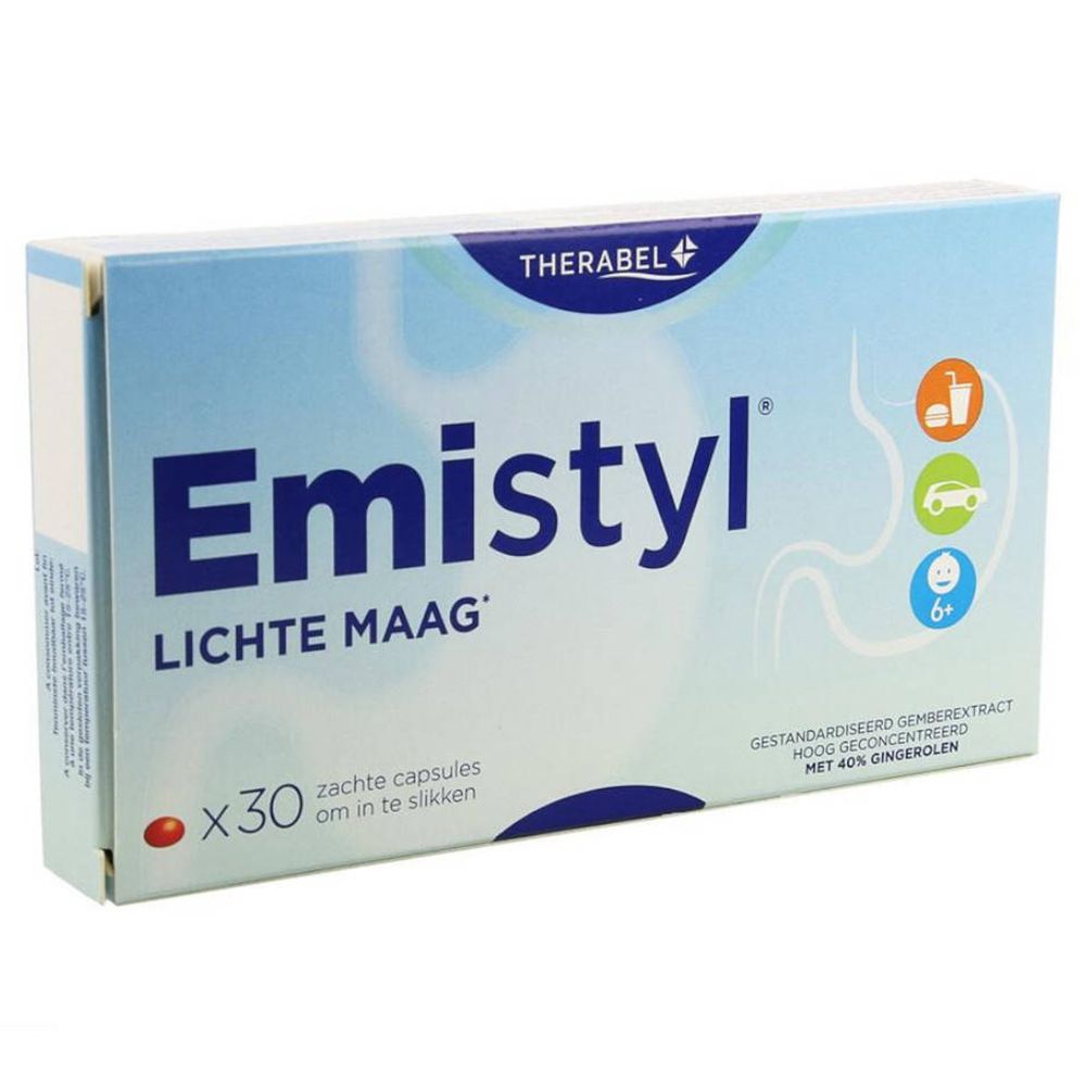 Boîte bleue et blanche 'Emistyl 30'. Texte : 'LICHTE MAAG', 'x30 zachte capsules om in te slikken'.