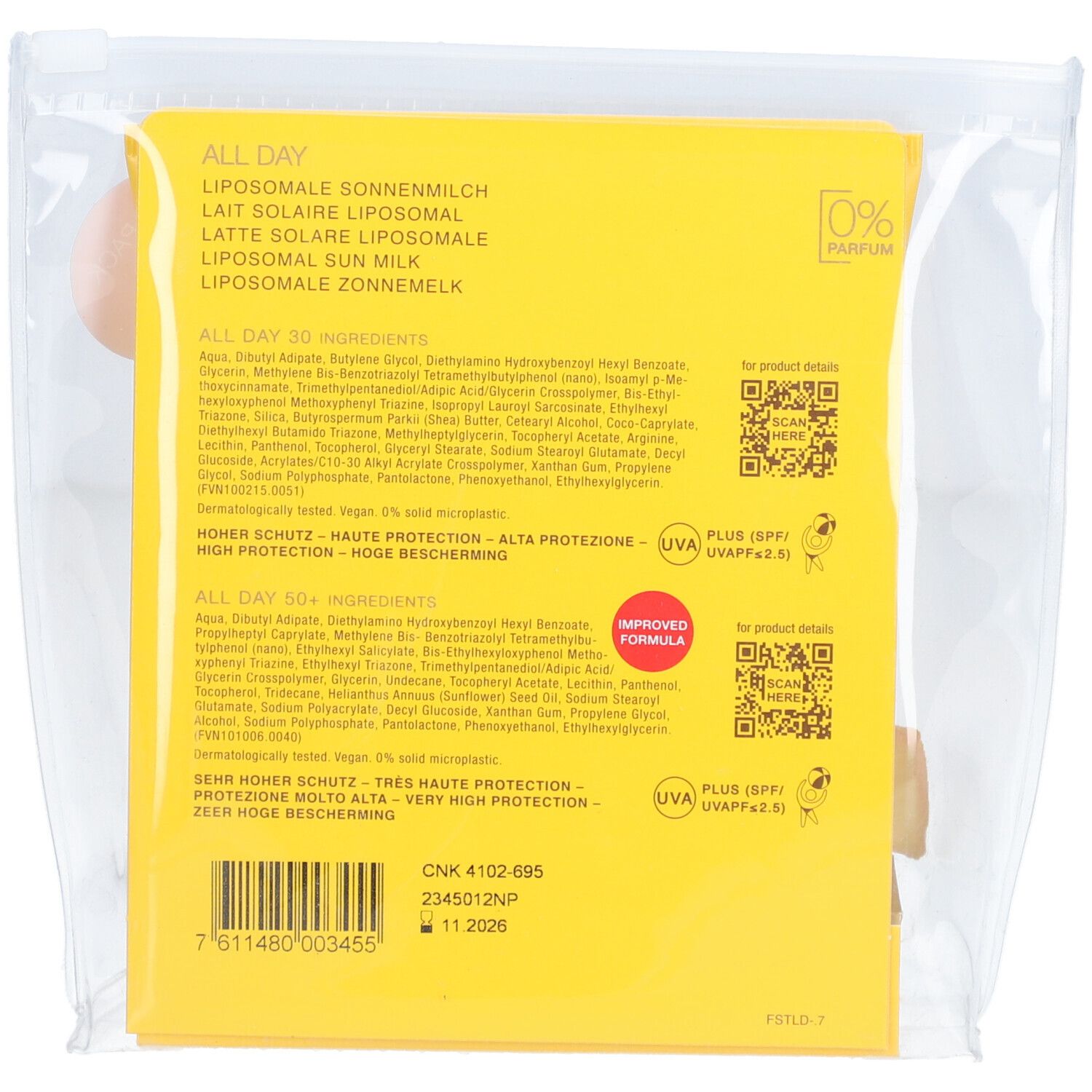 Dos de l'emballage avec ingrédients et codes QR. Texte : All Day, lait solaire liposomial, 0% parfum.