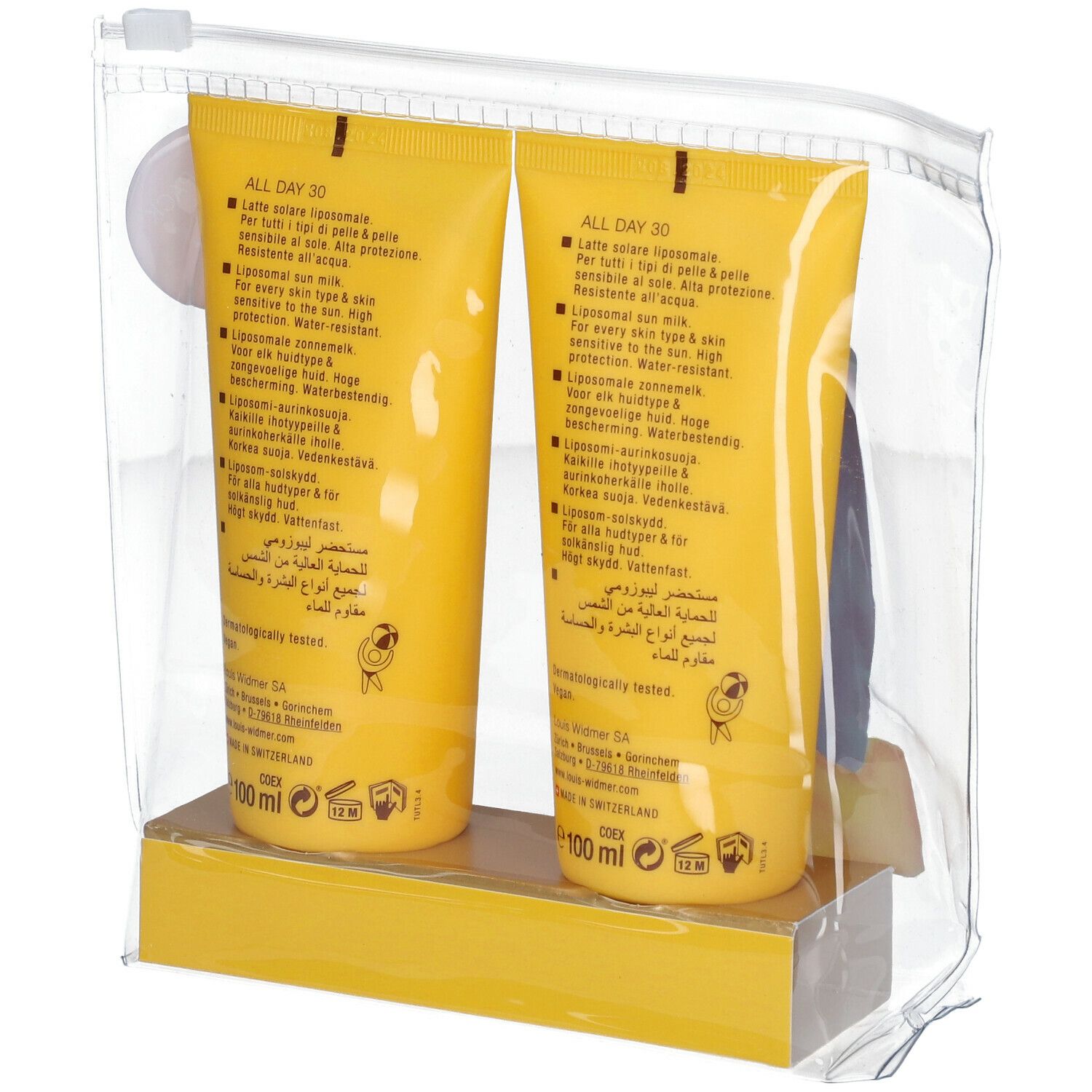 Deux tubes jaunes dans un sac transparent. Inscription : All Day 30, 100 ml. Emballage avec fermeture éclair.