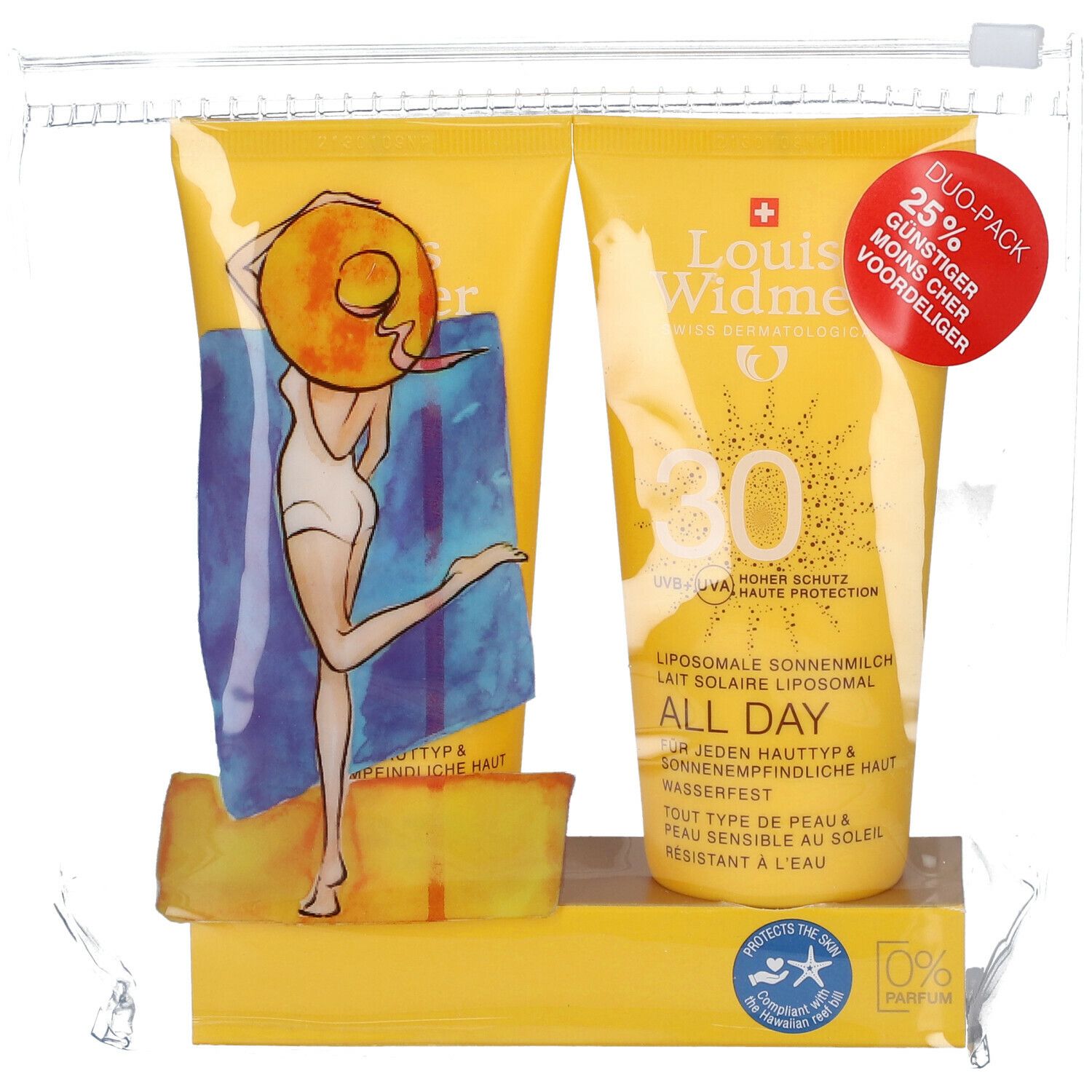 Deux tubes jaunes dans un sac transparent. Inscription : Louis Widmer, All Day SPF30. Autocollant Duo-Pack.