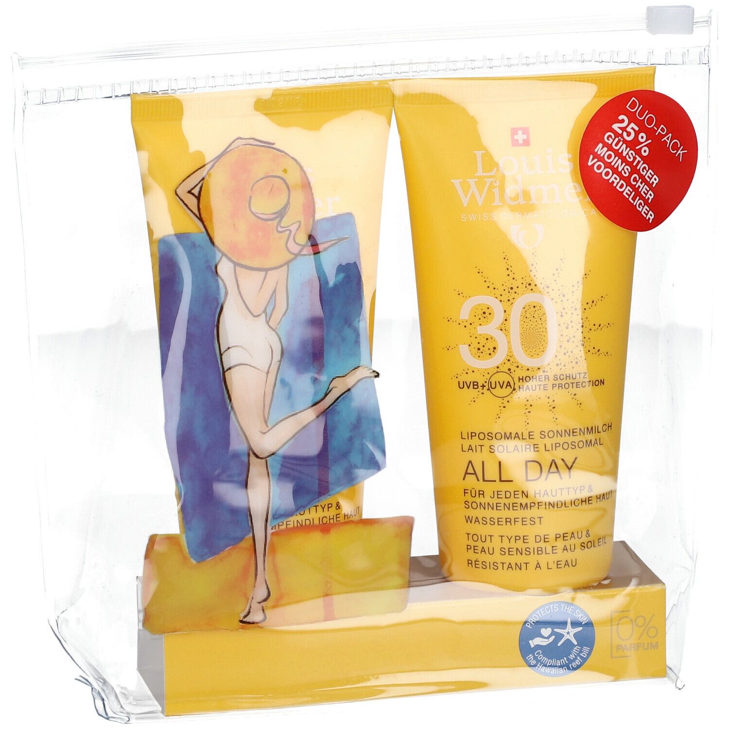Deux tubes jaunes dans un sac transparent. Inscription : Louis Widmer, All Day SPF30. Autocollant Duo-Pack.