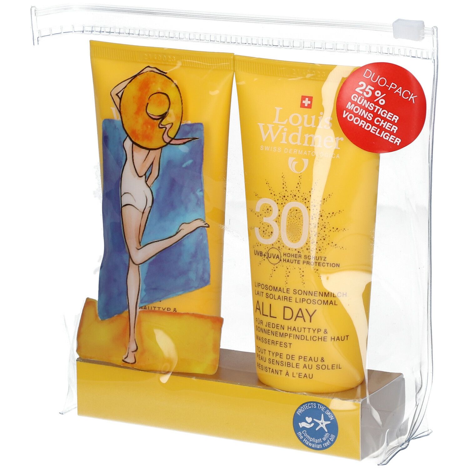 Twee gele tubes in een transparante zak. Op een tube staat "Louis Widmer All Day SPF30". Duo-Pack met 25% korting.