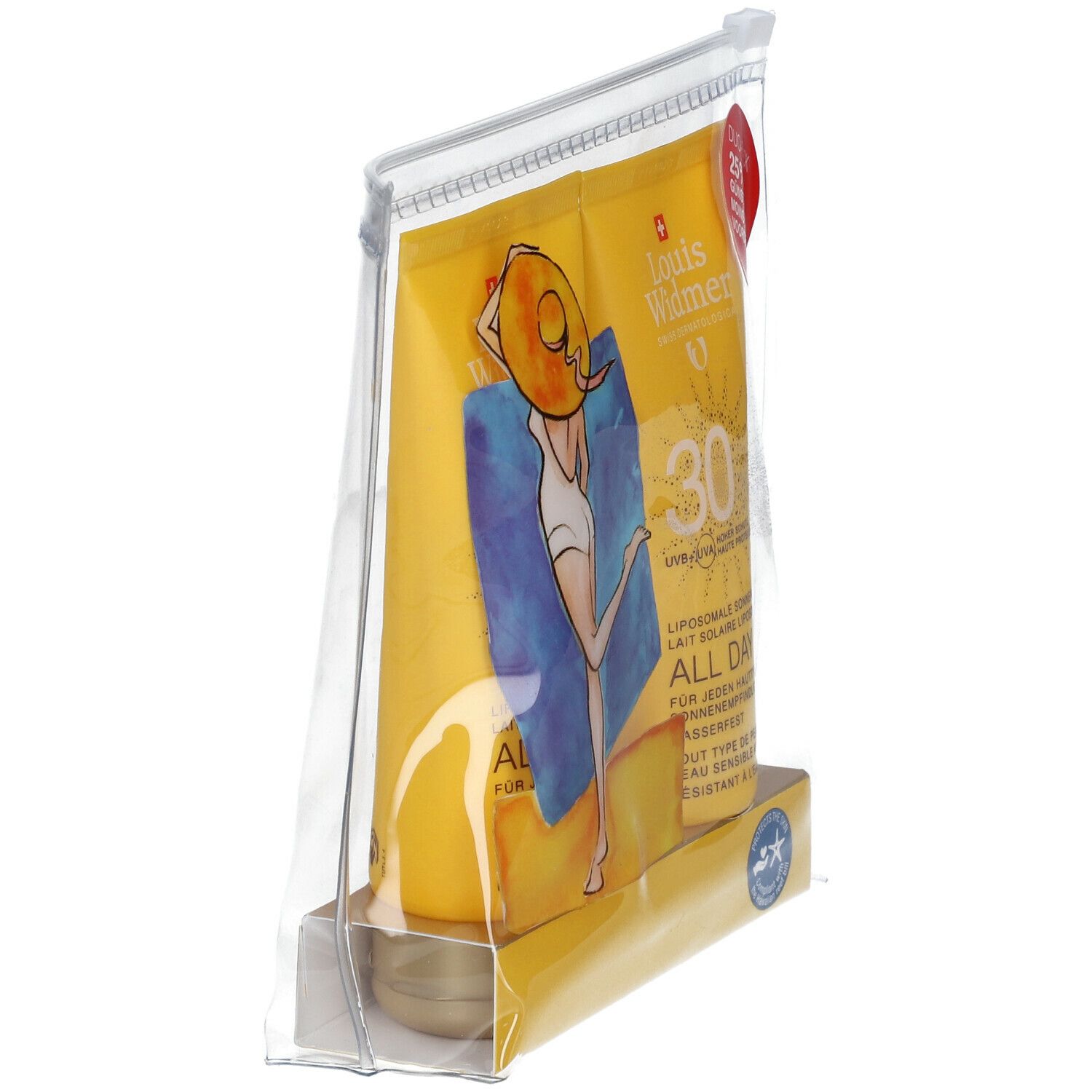 Schuin geplaatste transparante zak met twee gele tubes. Op een staat "Louis Widmer All Day SPF30". Duo-Pack.