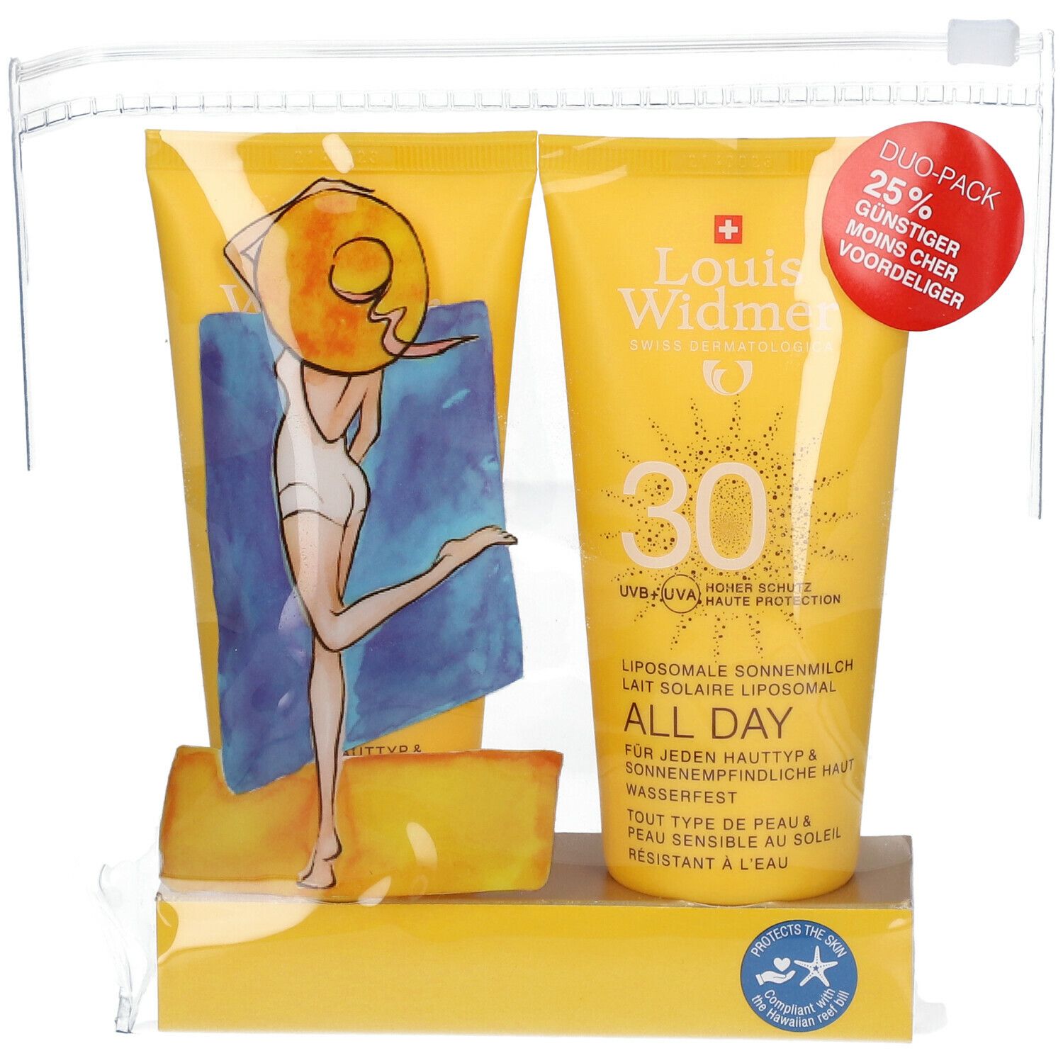 Twee gele tubes in een transparante zak. Op een tube staat "Louis Widmer All Day SPF30". Duo-Pack met 25% korting.