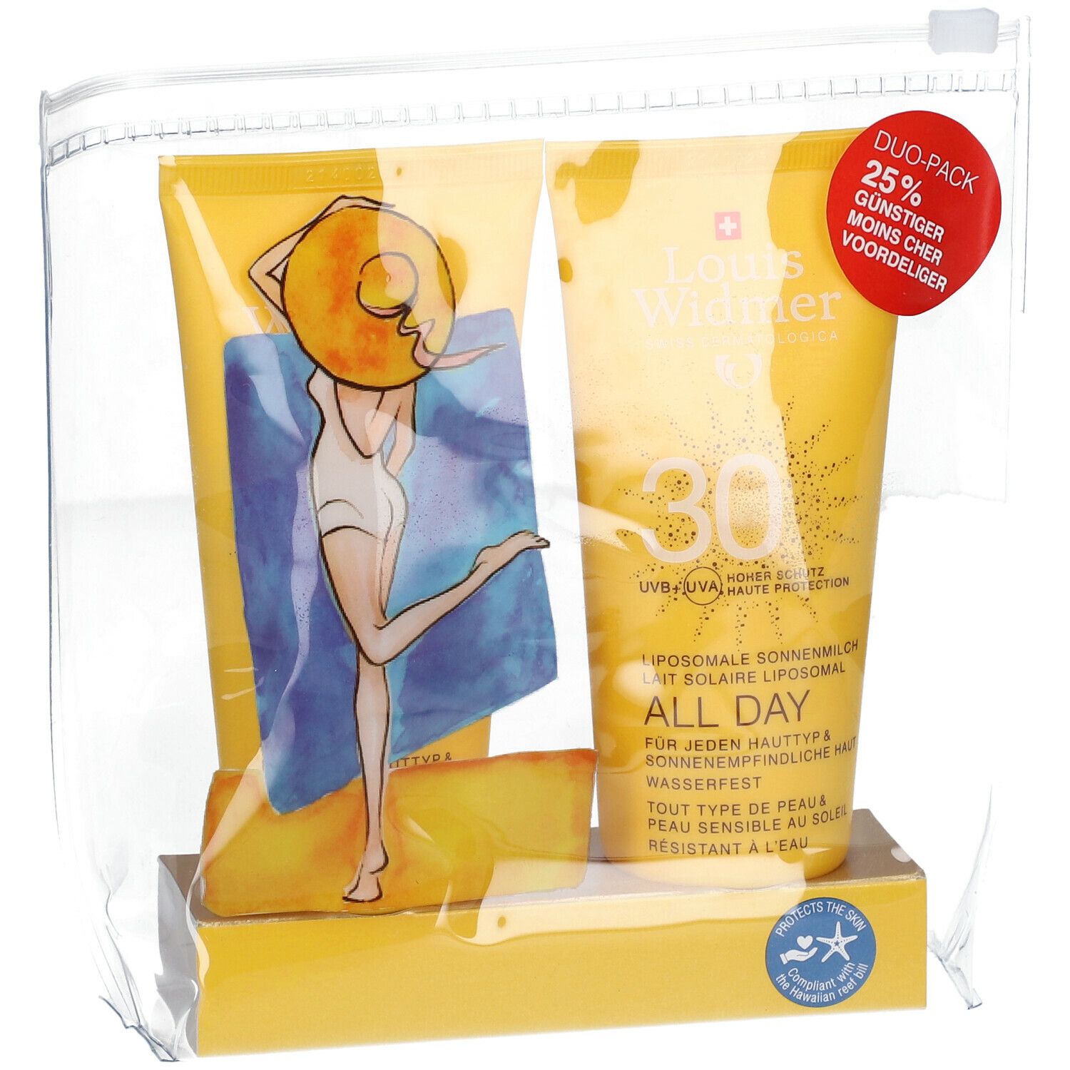 Twee gele tubes in een transparante zak. Op een tube staat "Louis Widmer All Day SPF30". Duo-Pack met 25% korting.