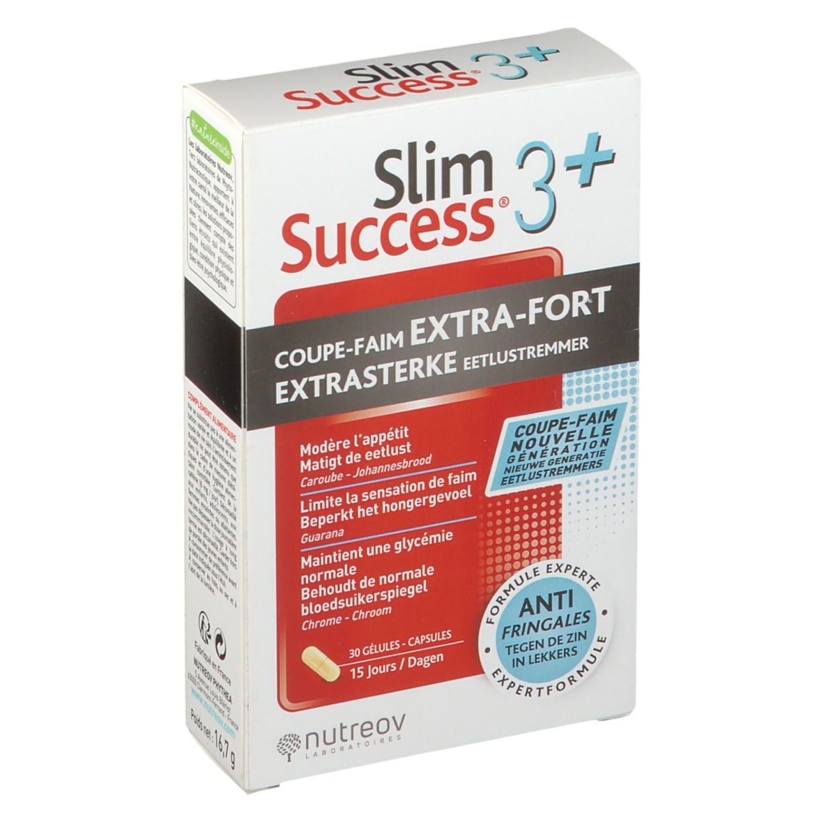 Boîte de Slim Success 3+. Blanc, rouge et bleu. Contient 30 gélules. Texte: Coupe-faim Extra-Fort, Anti-fringales.
