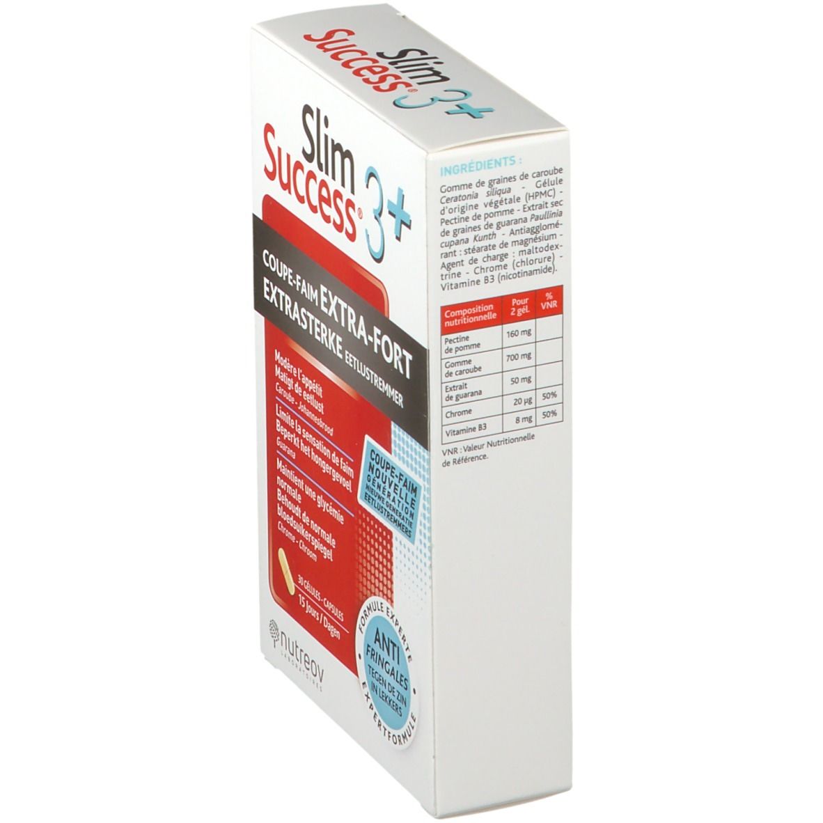 Boîte Slim Success 3+. Contient ingrédients et composition. Texte: Coupe-faim Extra-Fort, Anti-fringales.