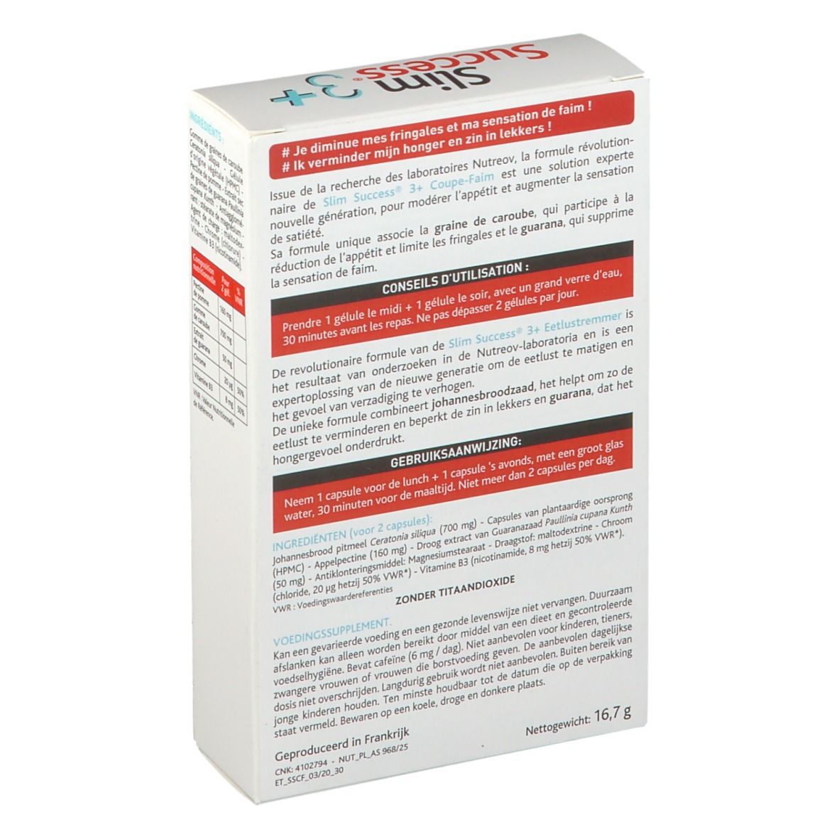 Dos de la boîte Slim Success 3+. Contient les instructions d'utilisation. Texte: Coupe-faim Extra-Fort, Anti-fringales.