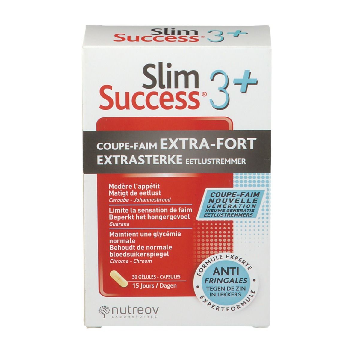 Boîte de Slim Success 3+. Blanc, rouge et bleu. Contient 30 gélules. Texte: Coupe-faim Extra-Fort, Anti-fringales.