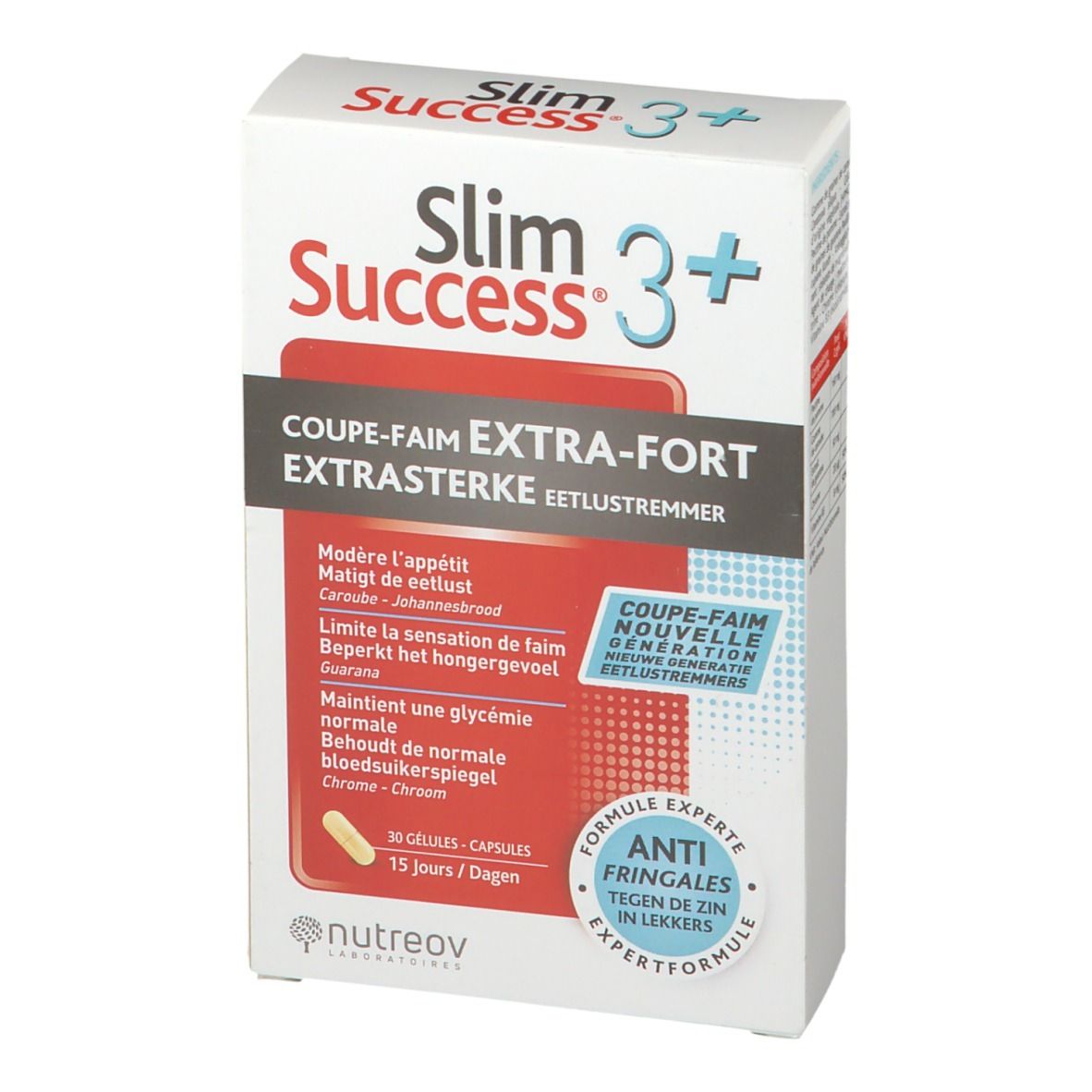 Boîte de Slim Success 3+. Blanc, rouge et bleu. Contient 30 gélules. Texte: Coupe-faim Extra-Fort, Anti-fringales.