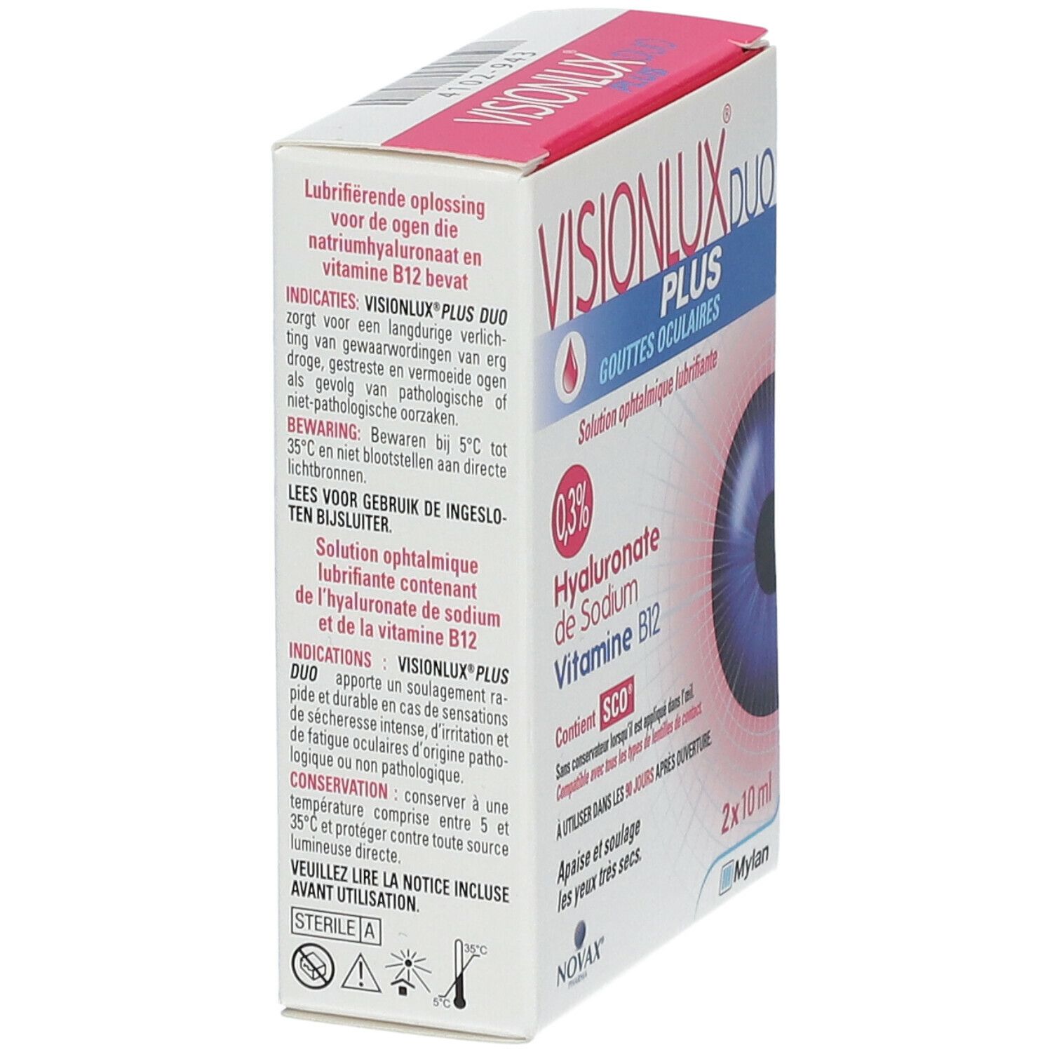 Vue latérale de la boîte de gouttes oculaires Visionlux Plus DUO. Contient 0,3% Hyaluronate de Sodium, Vitamine B12. Marque Novax, Mylan.