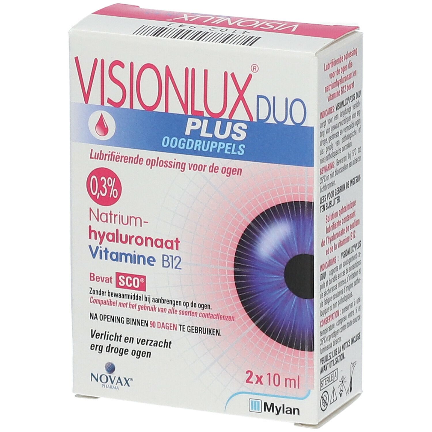 Boîte de gouttes oculaires Visionlux Plus DUO, 0,3% Hyaluronate de Sodium, Vitamine B12. 2x10 ml. Marque Novax, Mylan.