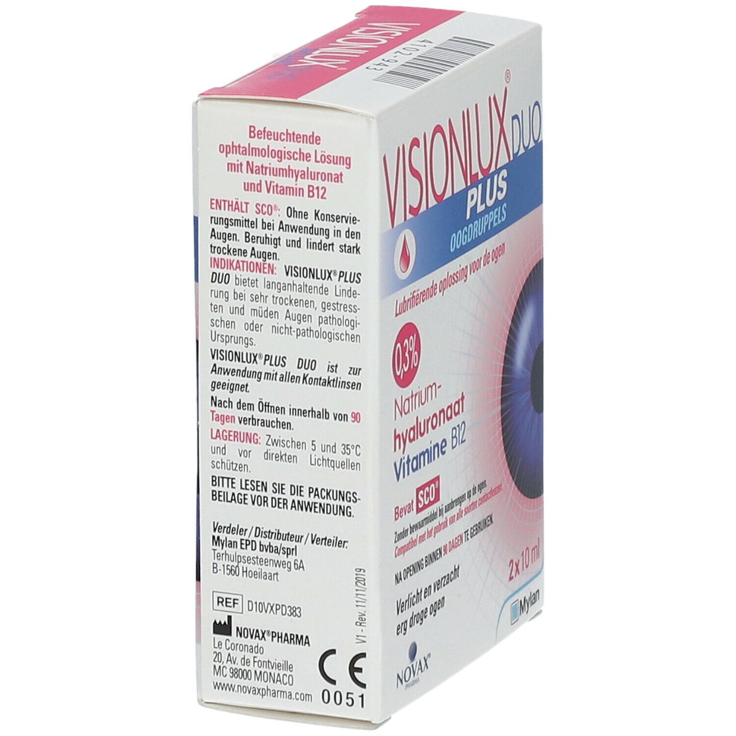 Boîte de gouttes oculaires Visionlux Plus DUO, 0,3% Hyaluronate de Sodium, Vitamine B12. 2x10 ml. Marque Novax, Mylan.