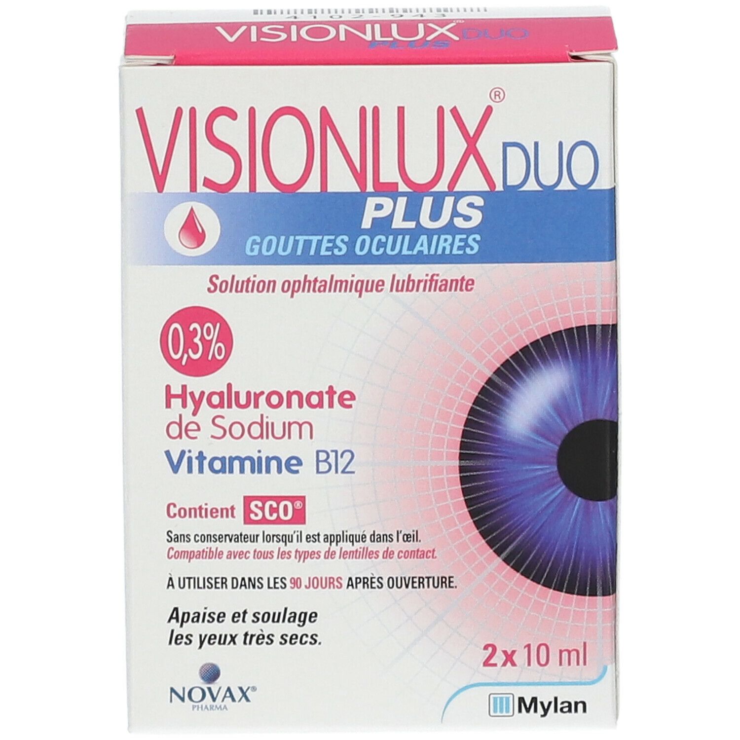 Boîte de gouttes oculaires Visionlux Plus DUO, 0,3% Hyaluronate de Sodium, Vitamine B12. 2x10 ml. Marque Novax, Mylan.