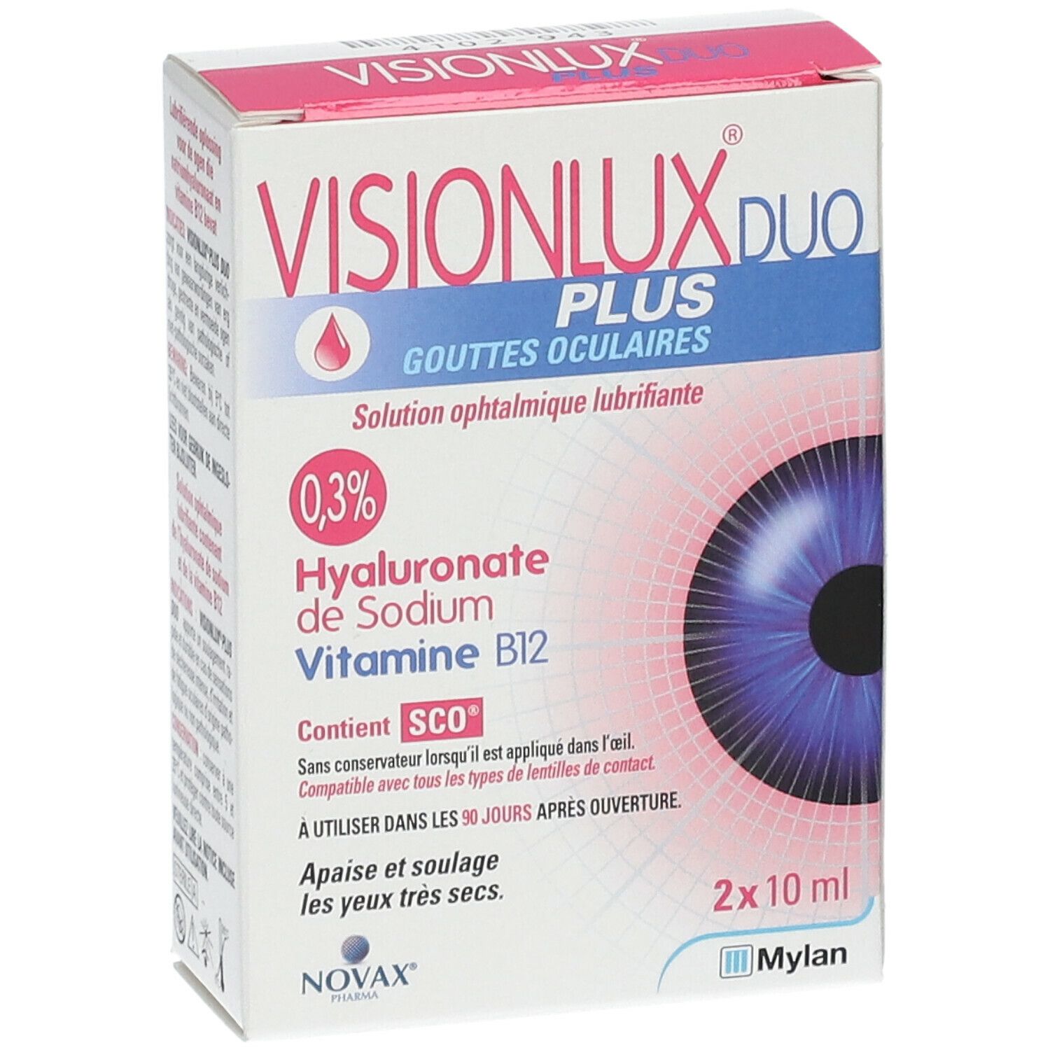 Boîte de gouttes oculaires Visionlux Plus DUO, 0,3% Hyaluronate de Sodium, Vitamine B12. 2x10 ml. Marque Novax, Mylan.