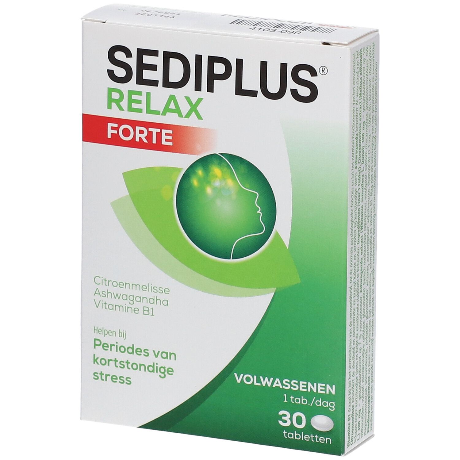 Schachtel SEDIPLUS® Relax Forte. Grün-weißes Design, Produktname und Inhaltsstoffe. 30 Tabletten, Text in Niederländisch.