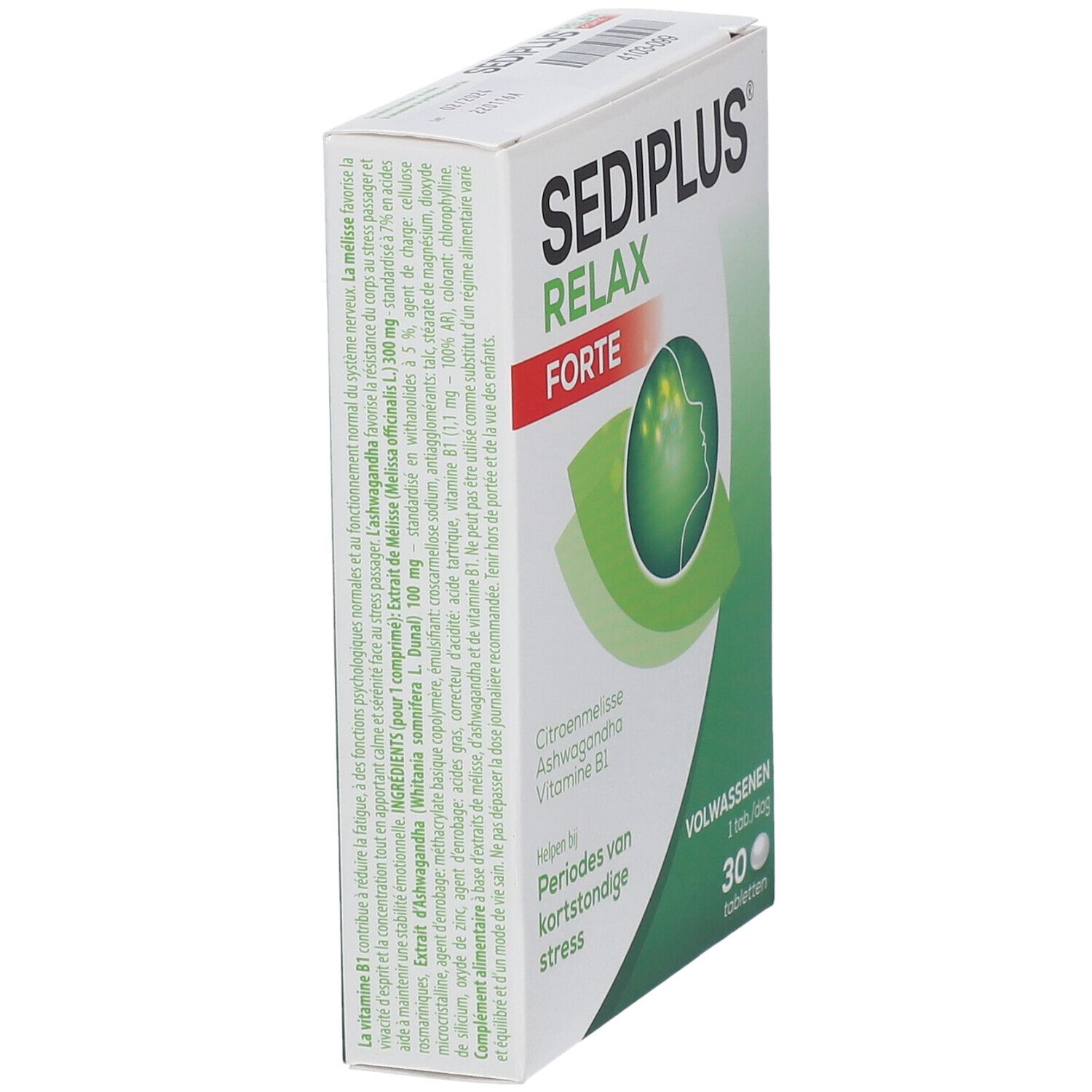Schachtel SEDIPLUS® Relax Forte, schräg. Grün-weißes Design, Produktname und Inhaltsstoffe. Text auf der Seite.