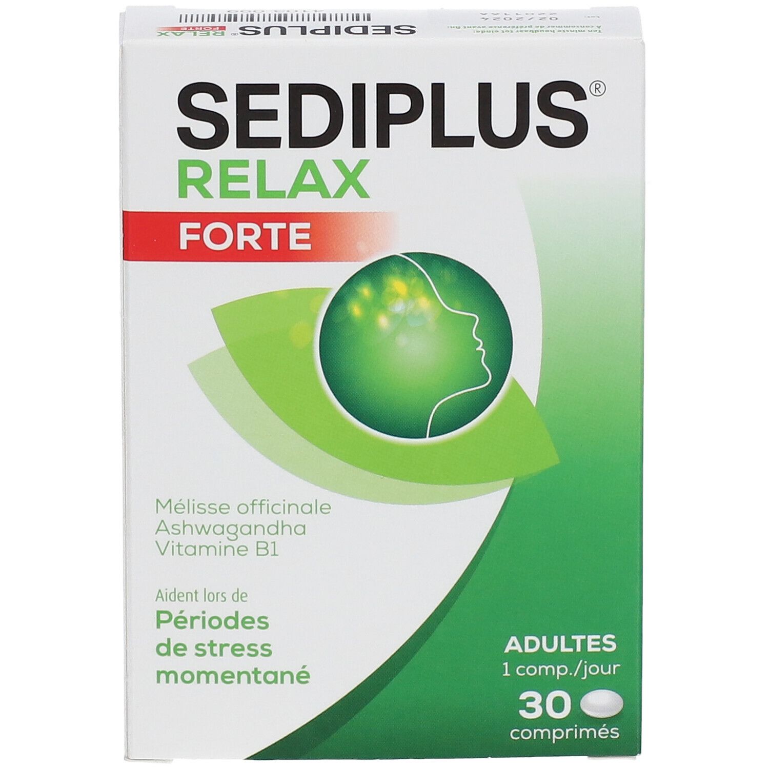 Schachtel SEDIPLUS® Relax Forte. Grün-weißes Design, Produktname und Inhaltsstoffe. 30 Tabletten, Text in Französisch.