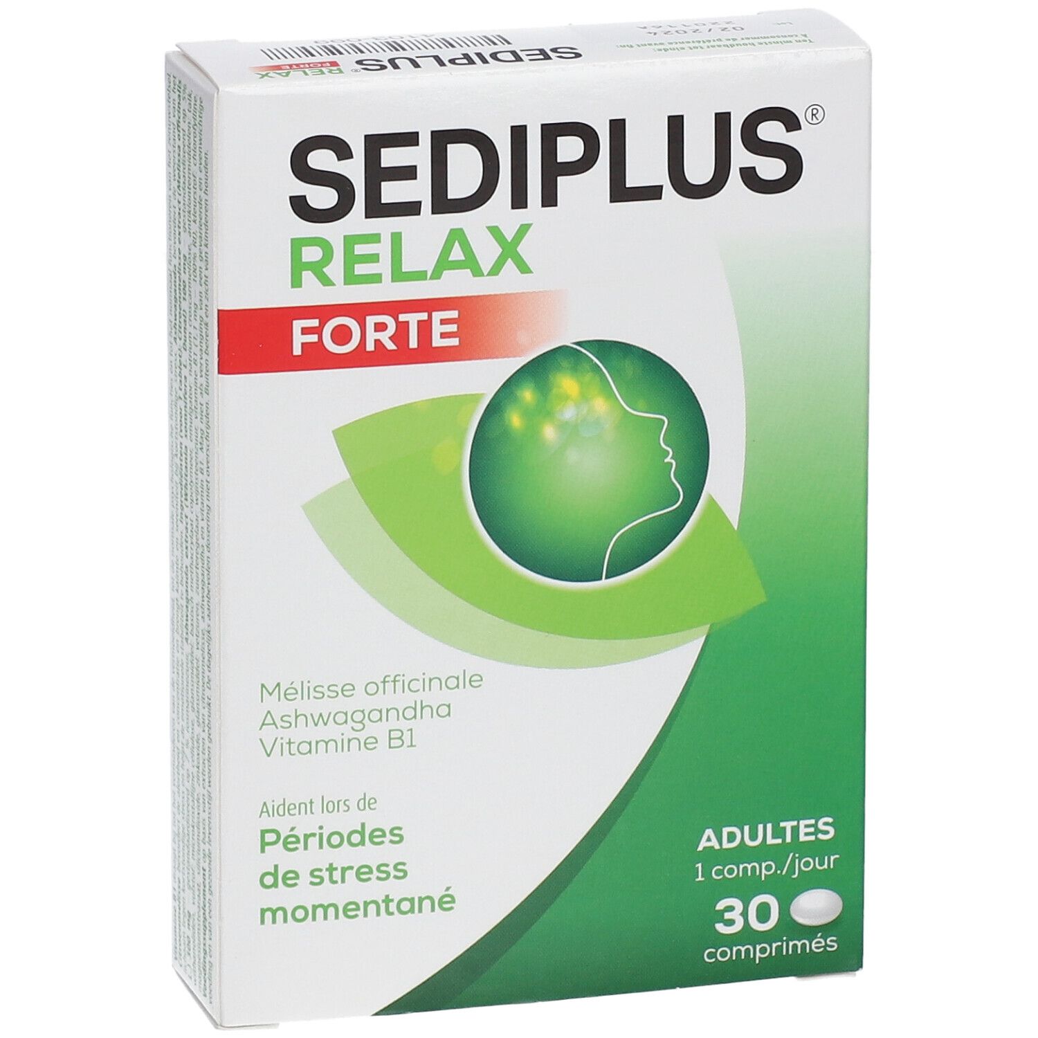 Schachtel SEDIPLUS® Relax Forte. Grün-weißes Design, Produktname und Inhaltsstoffe. 30 Tabletten.
