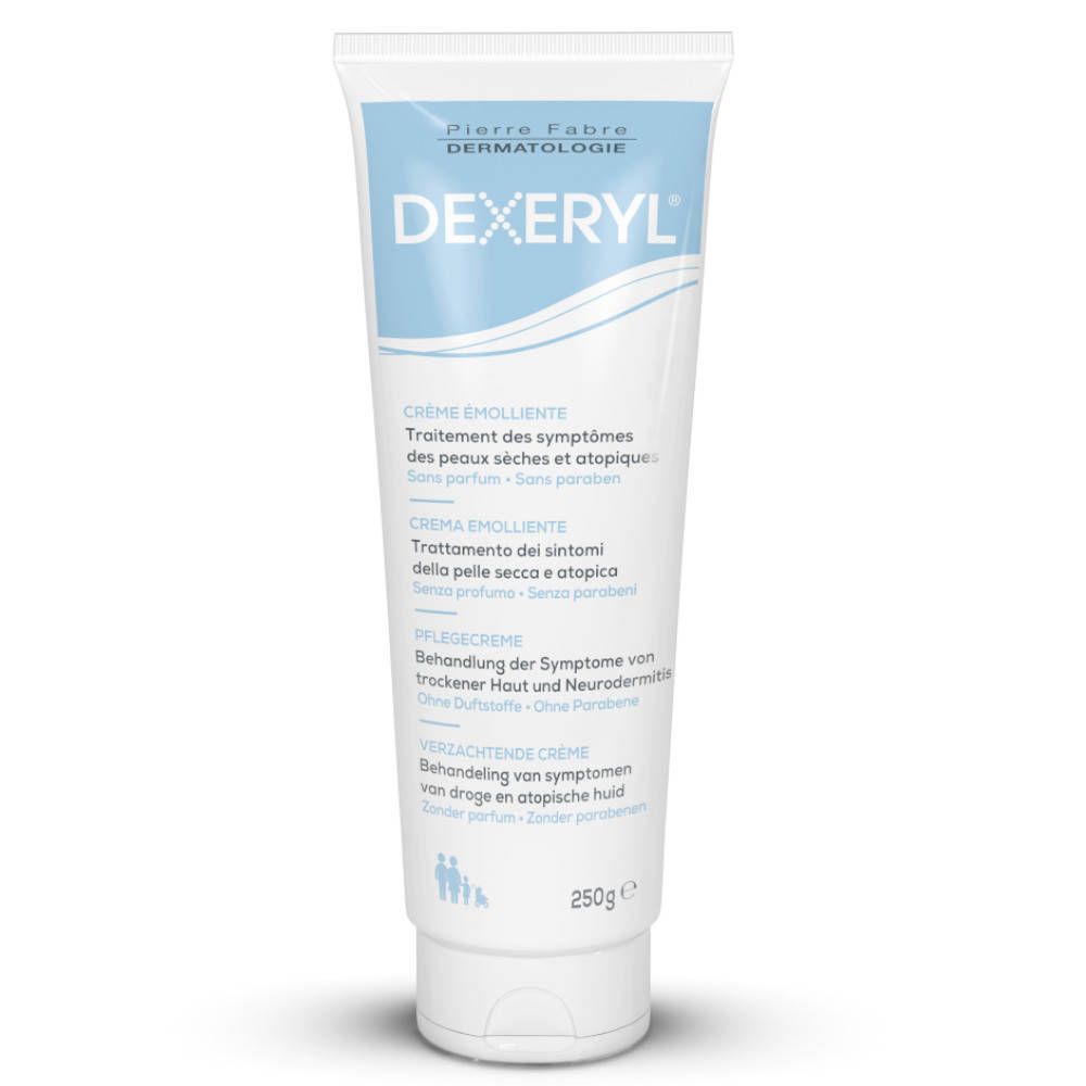 Tube de crème Dexeryl. Inscription en plusieurs langues. Fond blanc et éléments bleus.