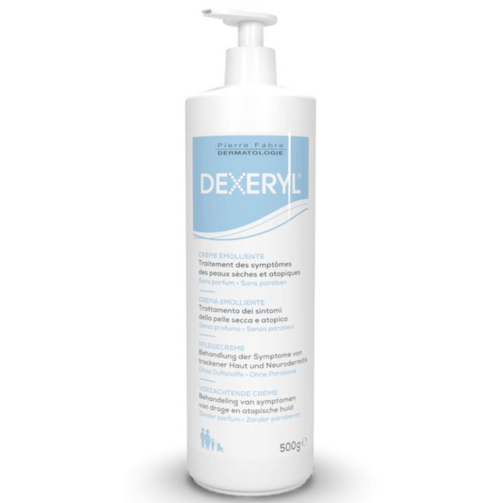 Flacon blanc avec pompe doseuse. Inscription DEXERYL, Crème émolliente. 500g.
