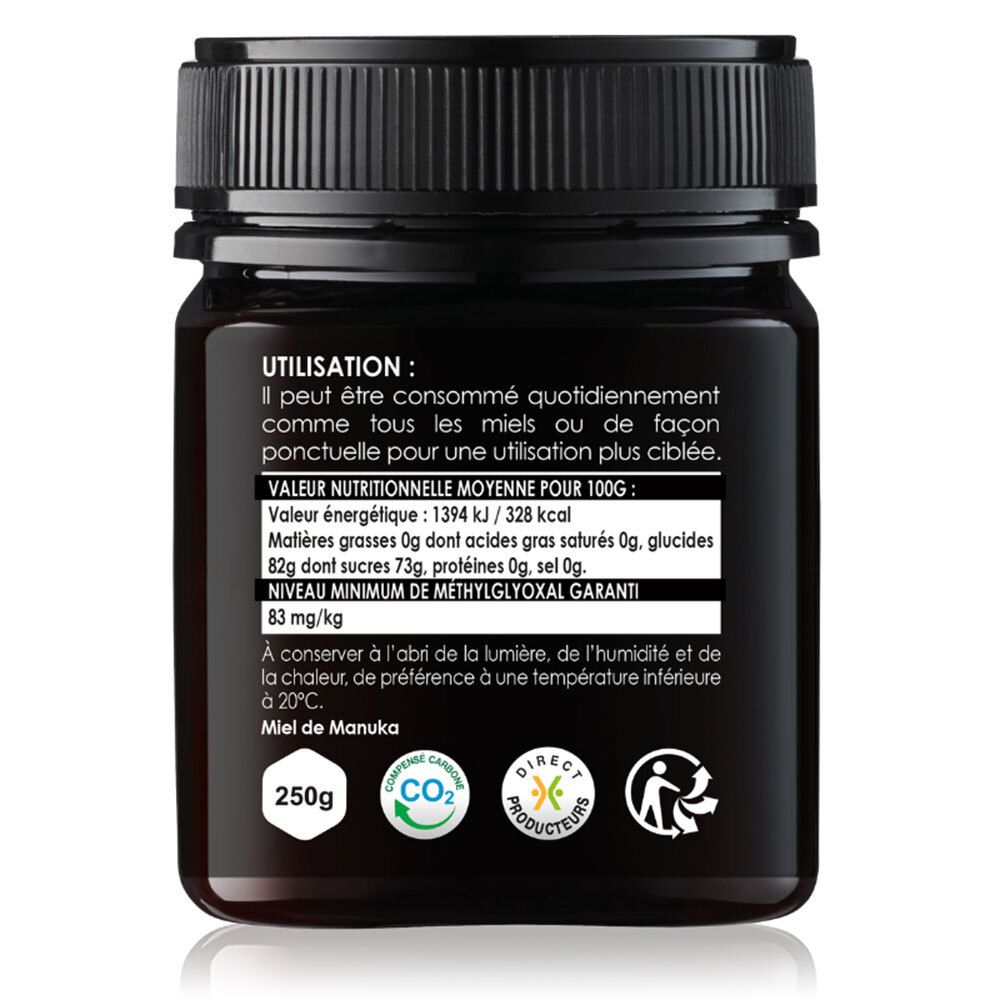 Pot de miel avec couvercle noir. Étiquette avec informations produit et QR code. IAA 5+.